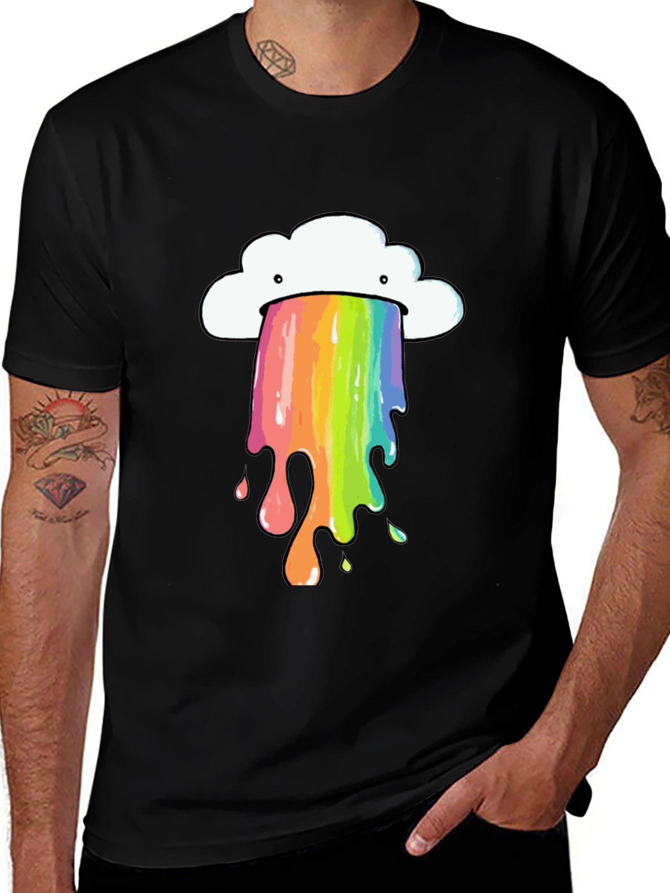 Variant 24 of Rainbow Cloud Vomit Graphic Tee - Black Cotton T-Shirt