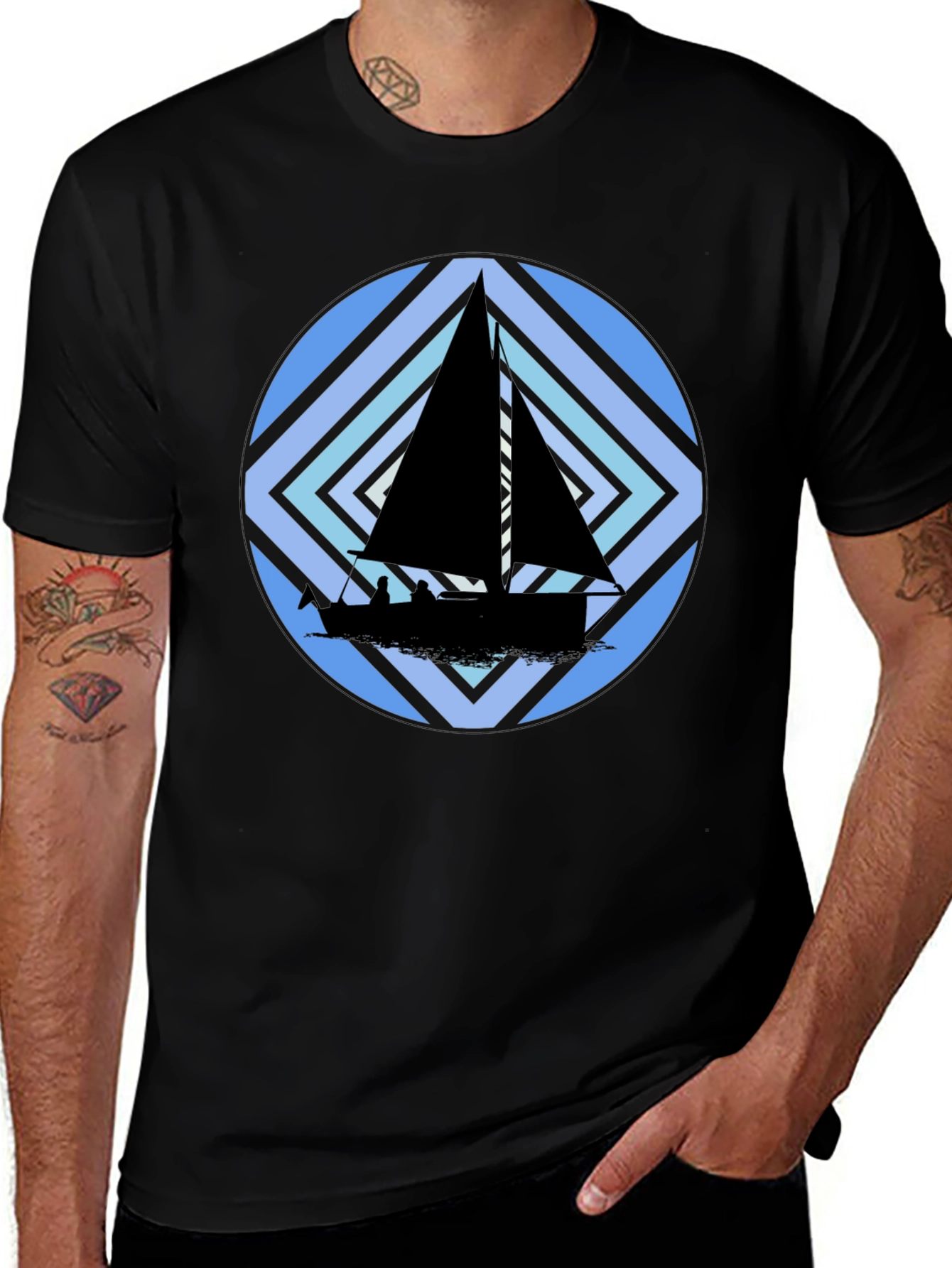 Variant 30 of Sailing Boat Graphic Tee - Black Crew Neck T-Shirt