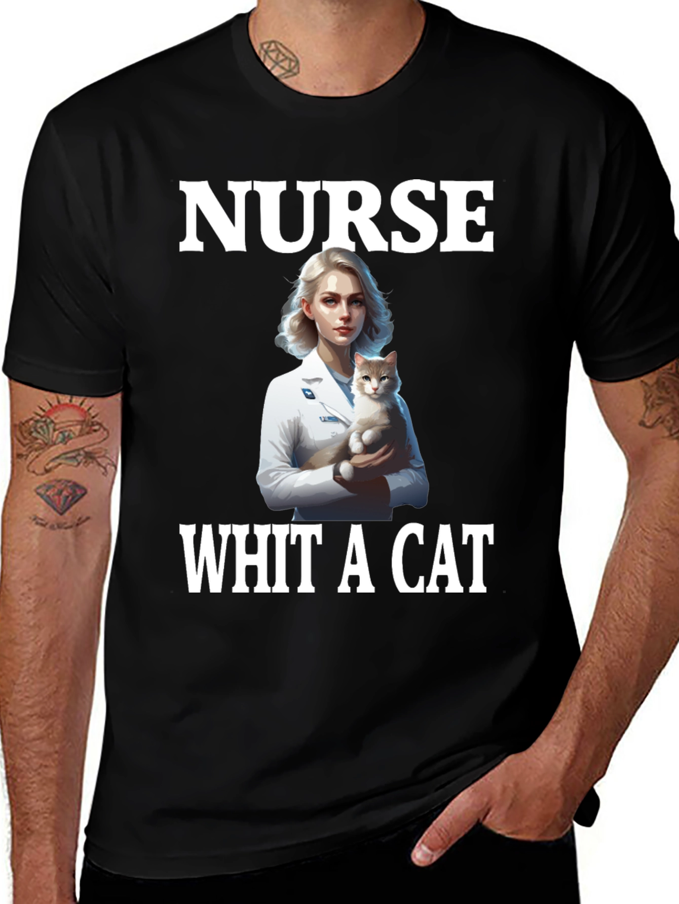 Variant 26 of Nurse With a Cat T-Shirt, Black Tee