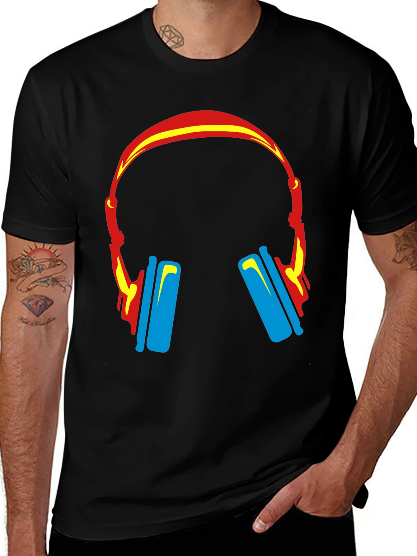 Funky Headphones Graphic Tee - Black Cotton Blend