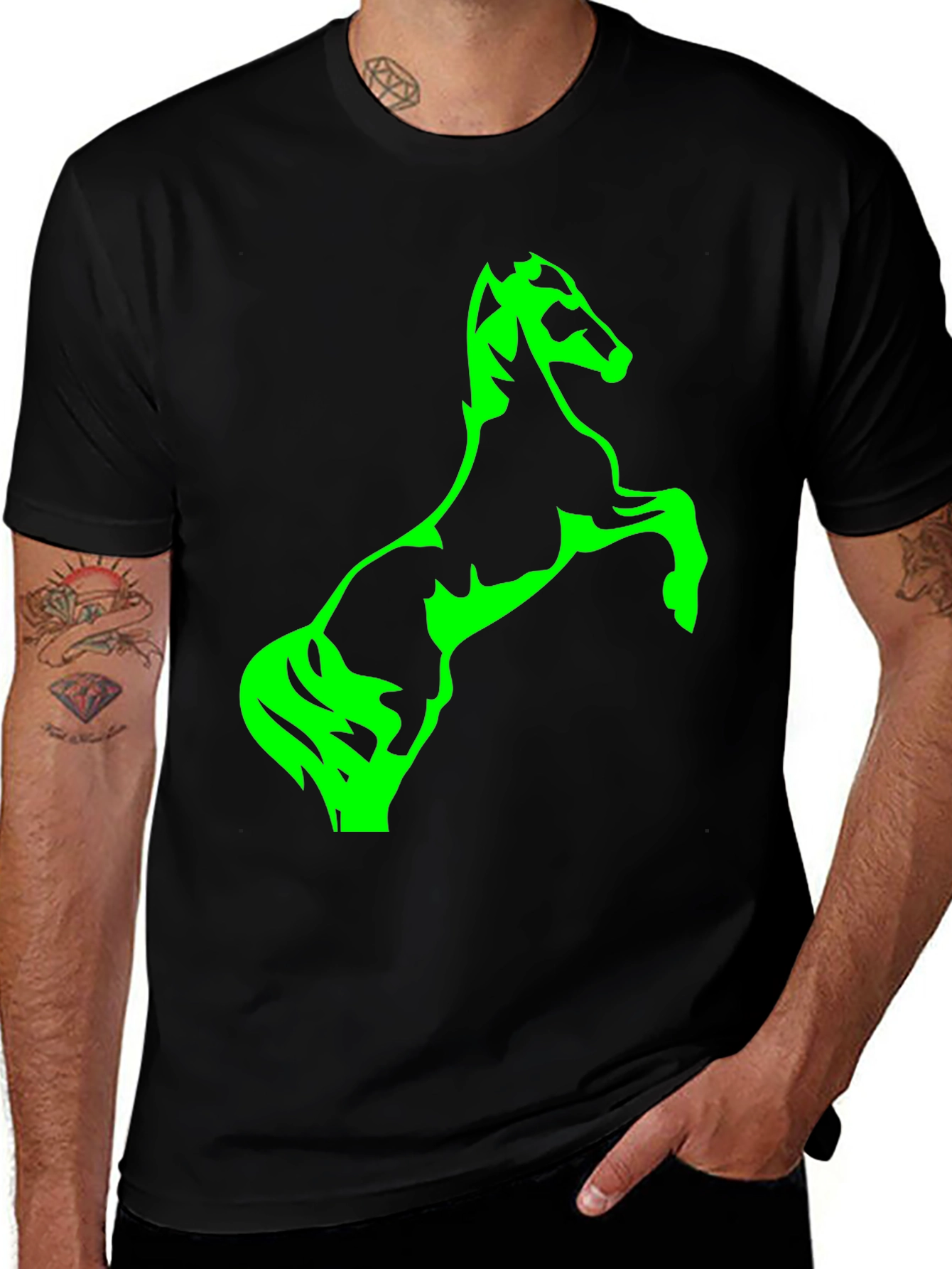 Variant 9 of Black T-Shirt with Green Horse Graphic