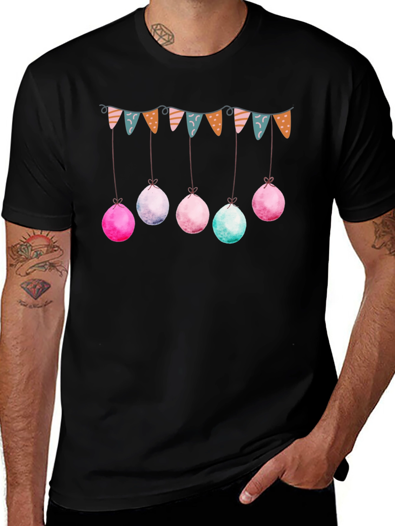Whimsical Easter Garland Tee - Black Crew Neck Shirt