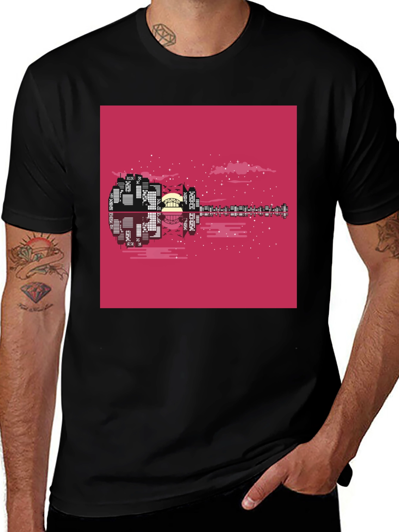 Variant 23 of Cityscape Guitar Graphic Tee - Black Cotton Blend