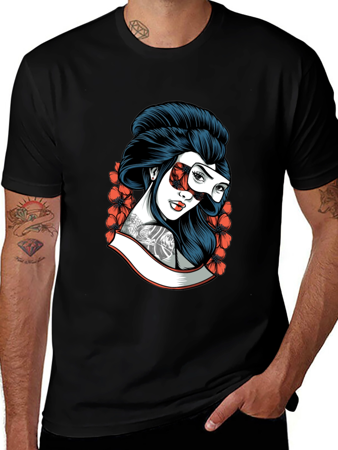 Variant 19 of Geisha Mask Graphic Tee - Black Cotton T-Shirt