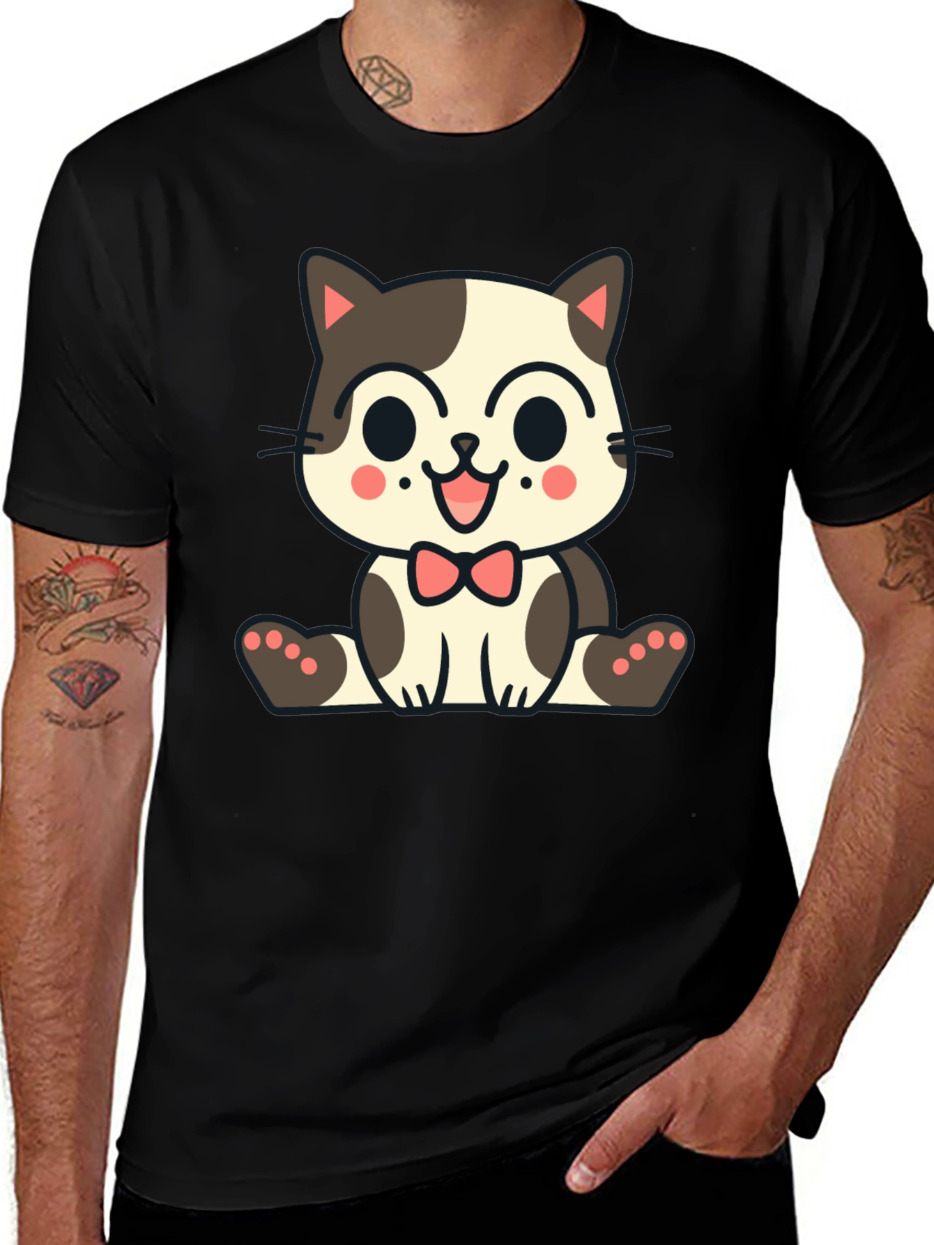 Cute Cartoon Cat T-Shirt - Black