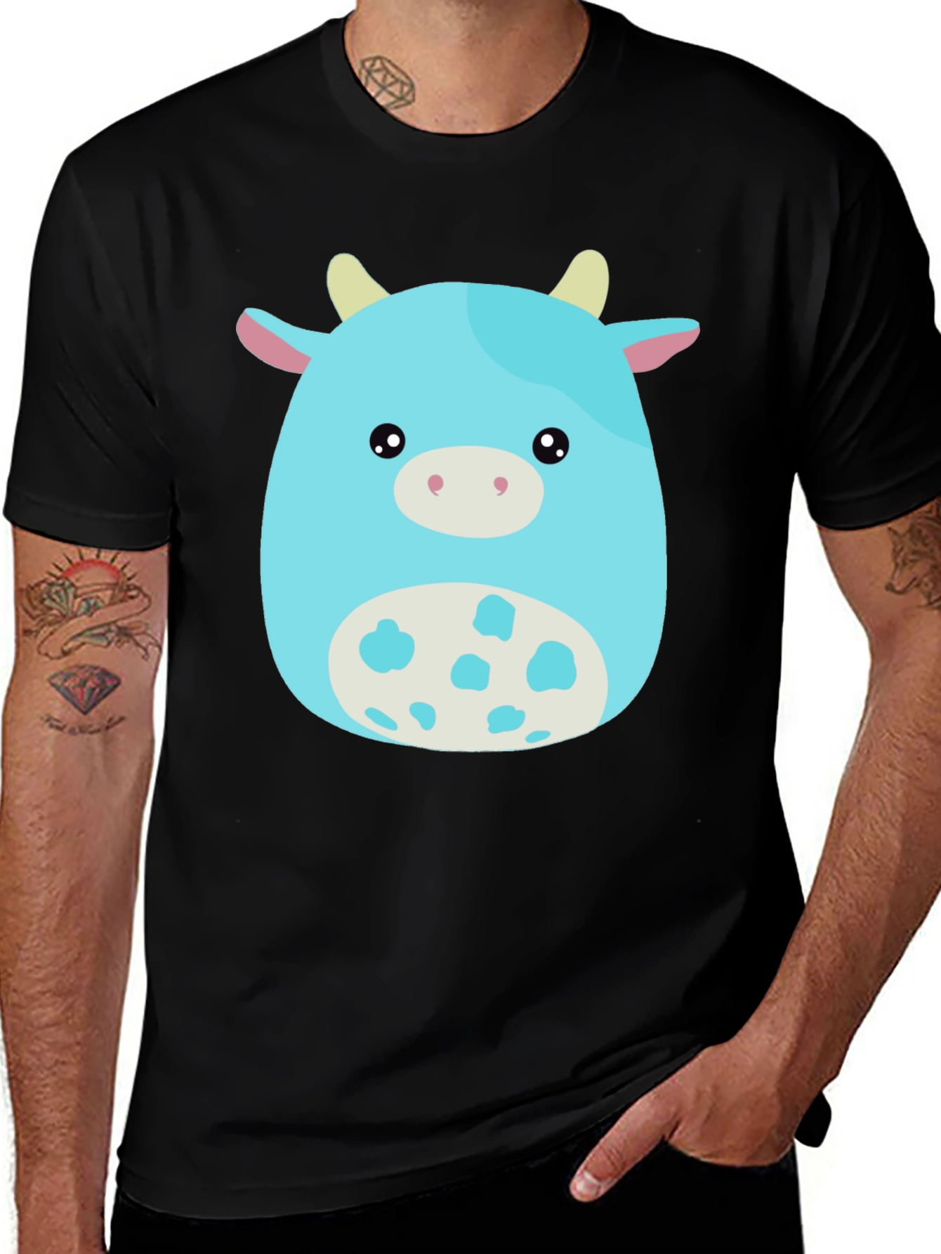 Variant 2 of Cute Cartoon Cow Graphic Tee - Black Cotton Blend