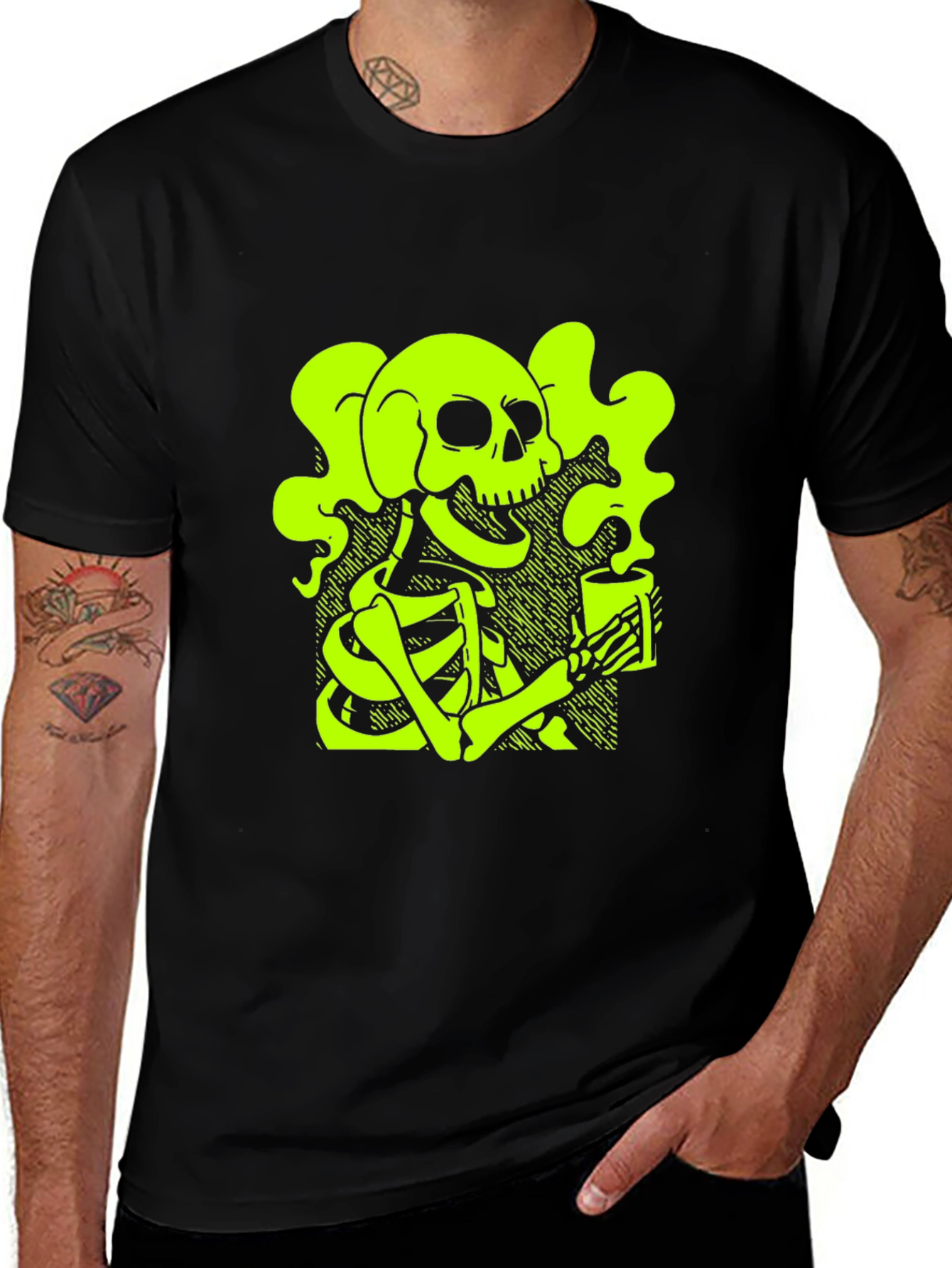 Variant 20 of Skull & Coffee T-Shirt - Neon Green Graphic Tee