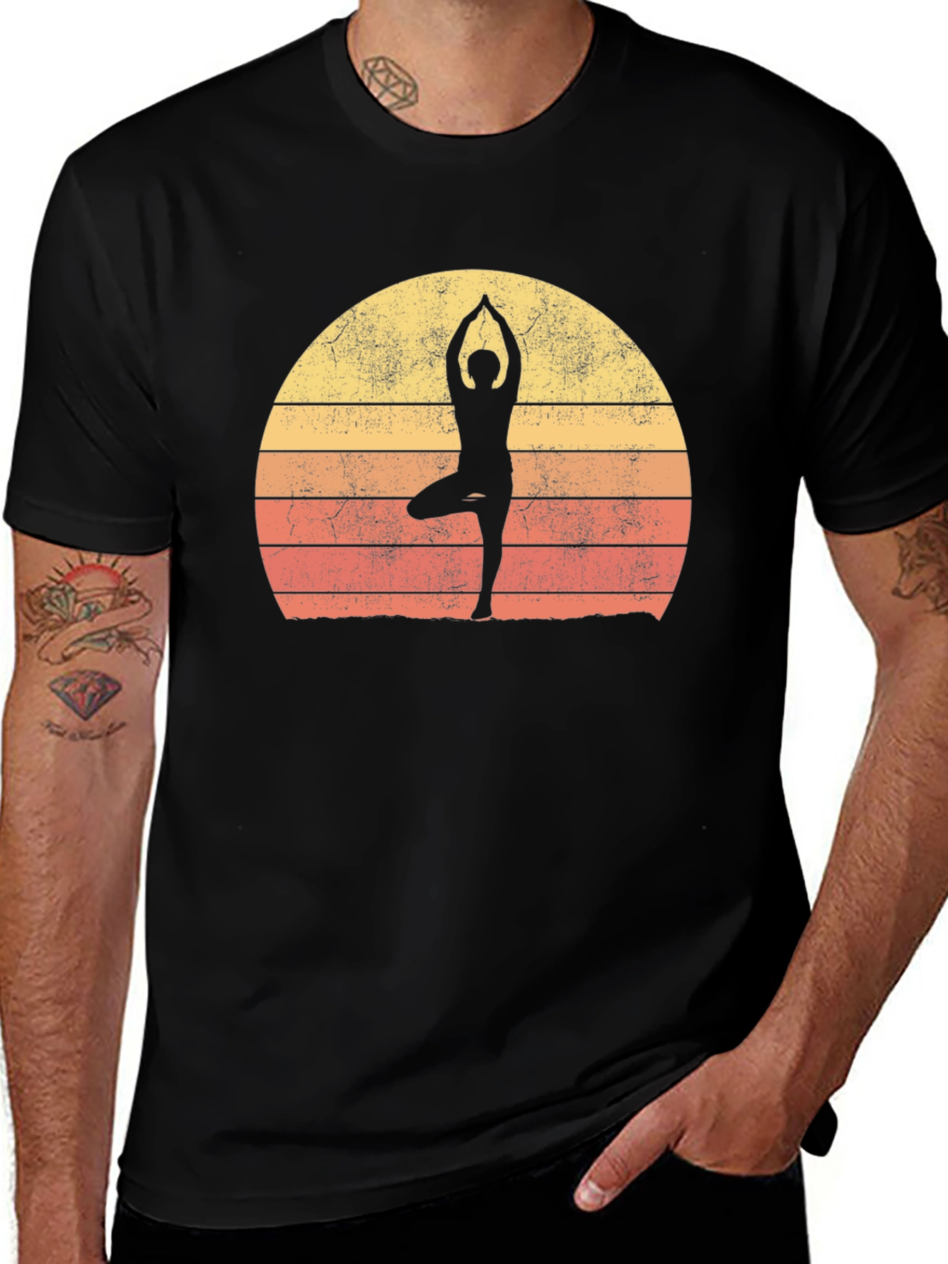 Black Yoga Silhouette Retro Sunset Graphic T-Shirt main image