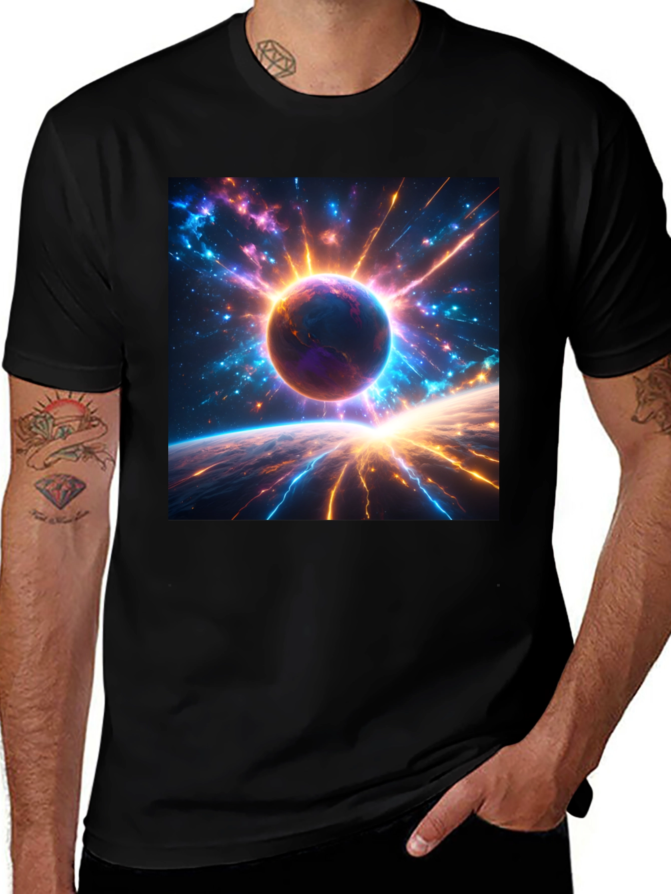 Variant 20 of Cosmic Planet Graphic Tee - Black Cotton T-Shirt