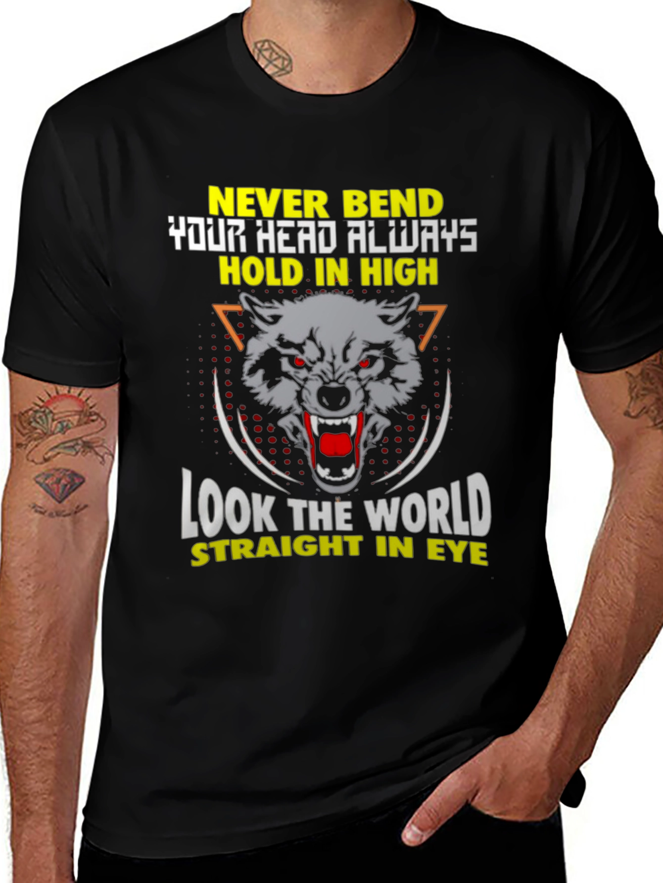Variant 13 of Wolf Graphic Black T-Shirt: Never Bend, Hold High