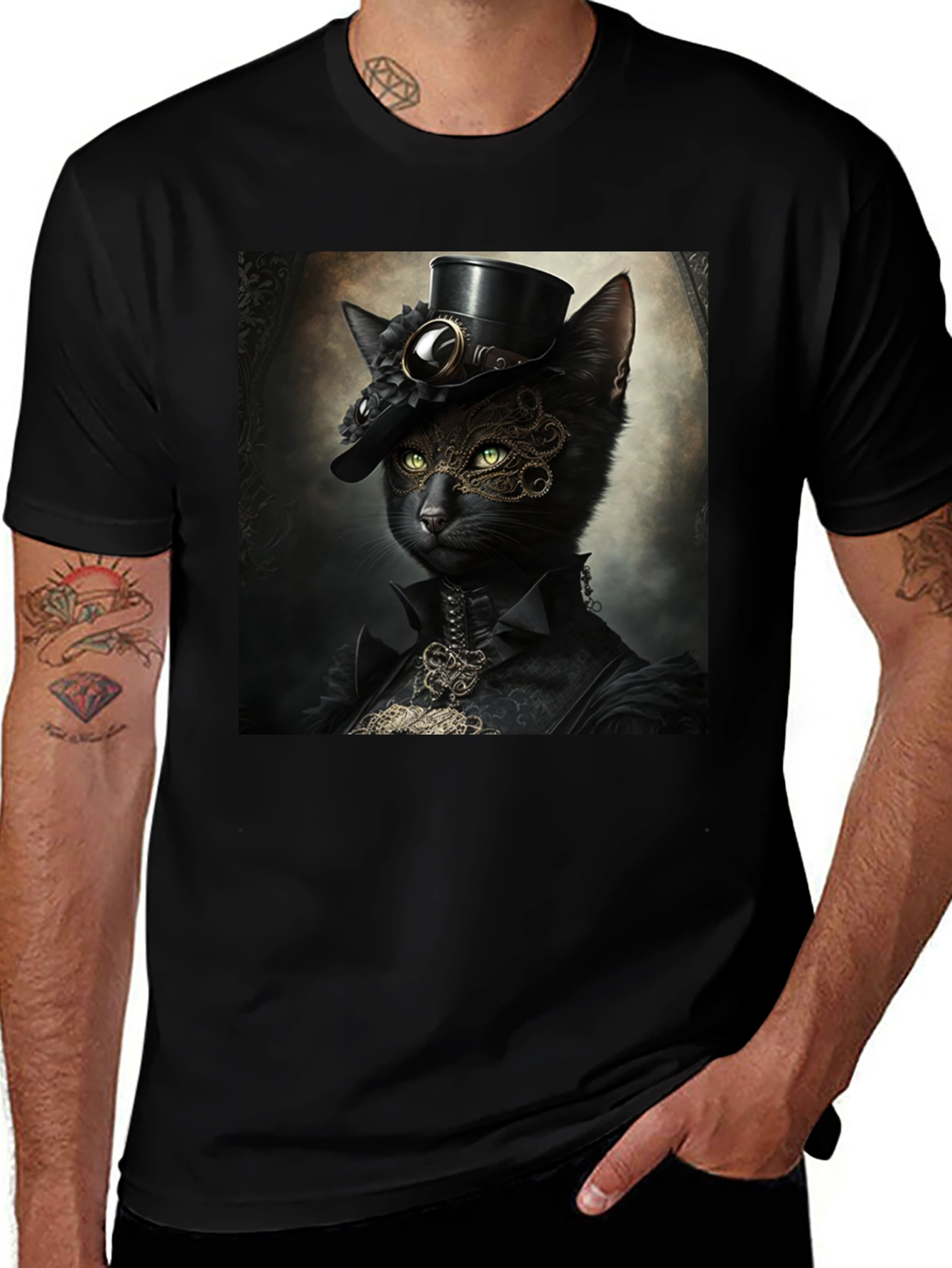 Steampunk Cat Graphic T-Shirt - Victorian Feline Style