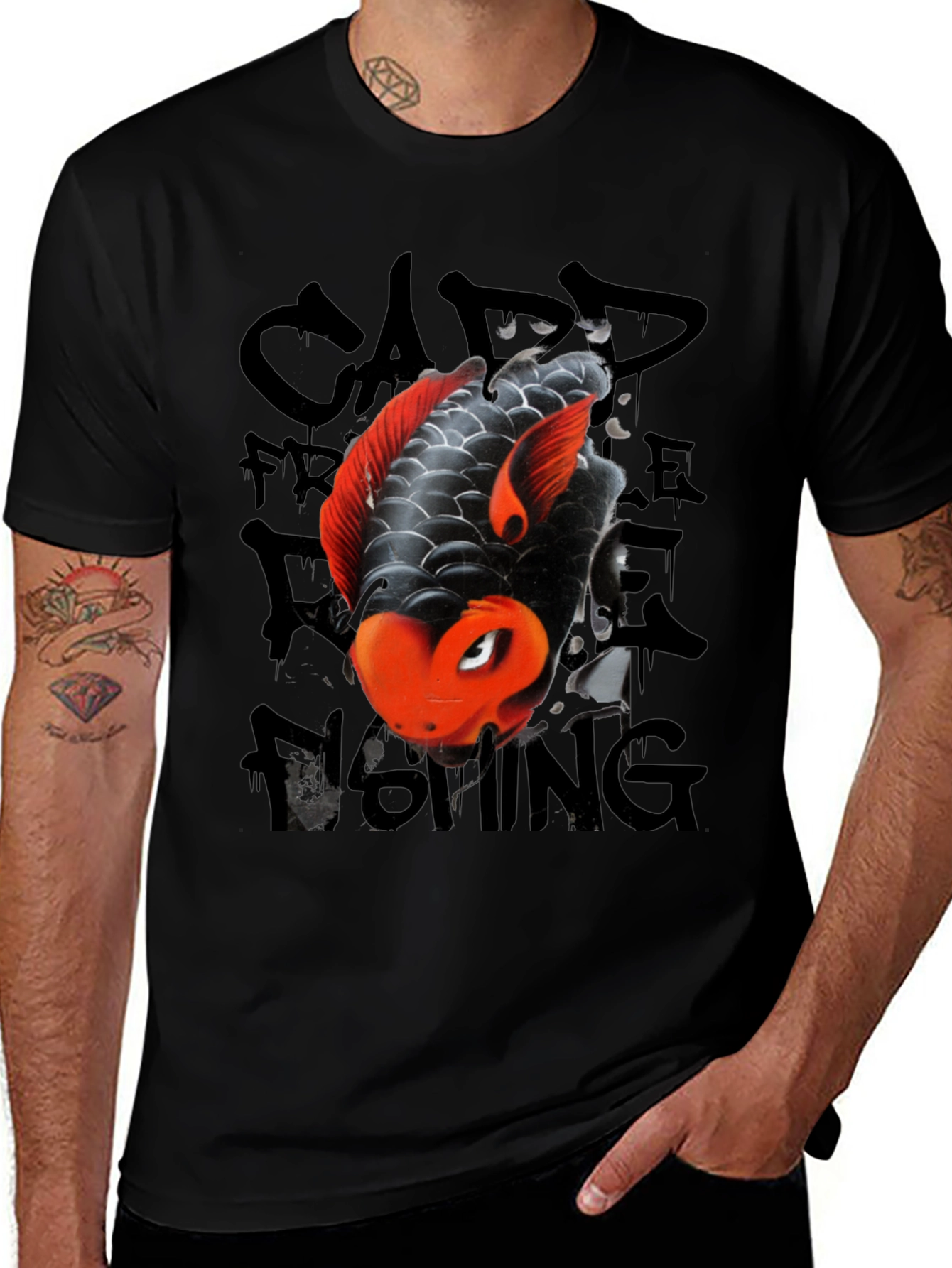 Variant 26 of Koi Fish Graphic Tee - Black Cotton Blend Casual T-Shirt