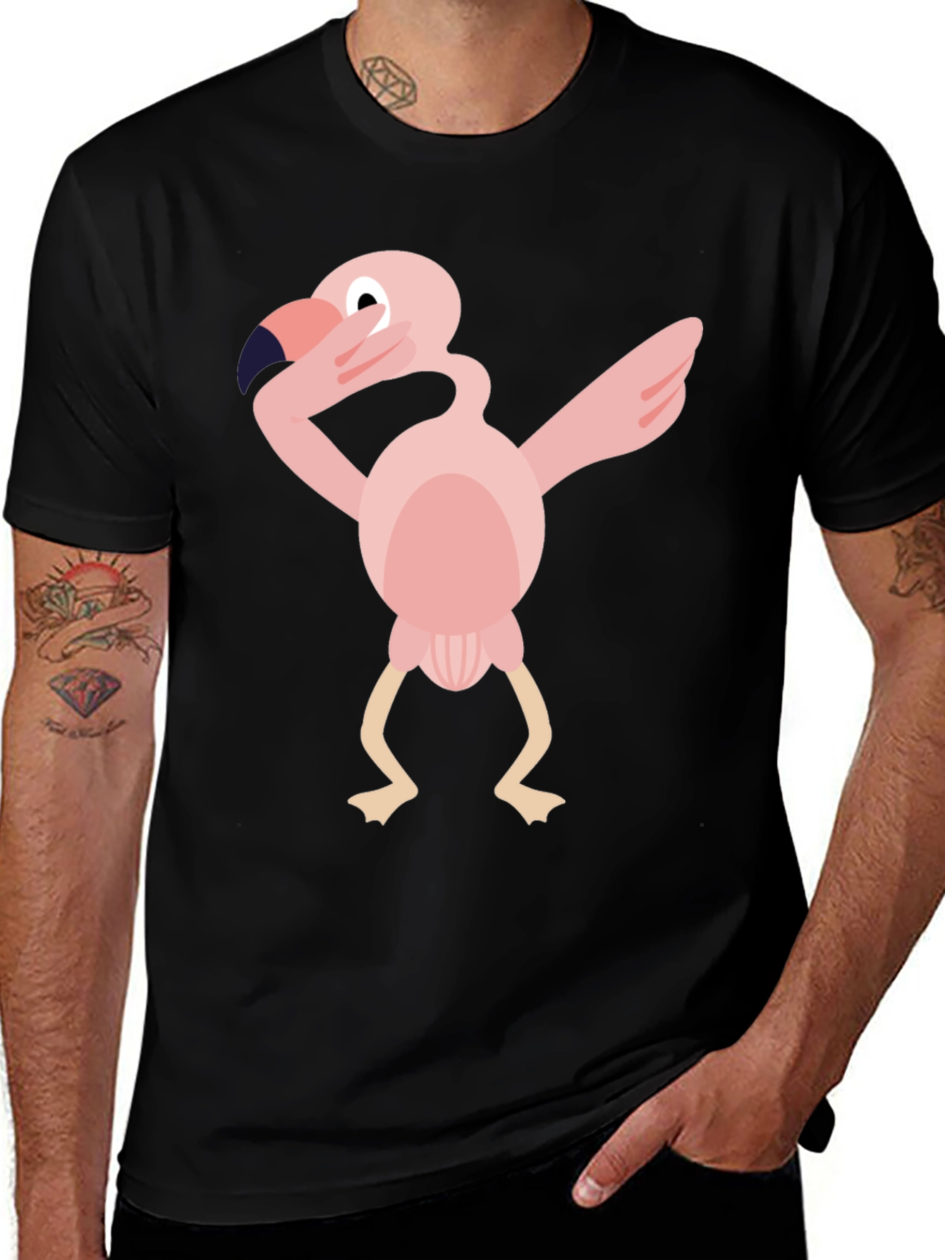 Variant 5 of Dabbing Flamingo Graphic Tee - Black Cotton T-Shirt