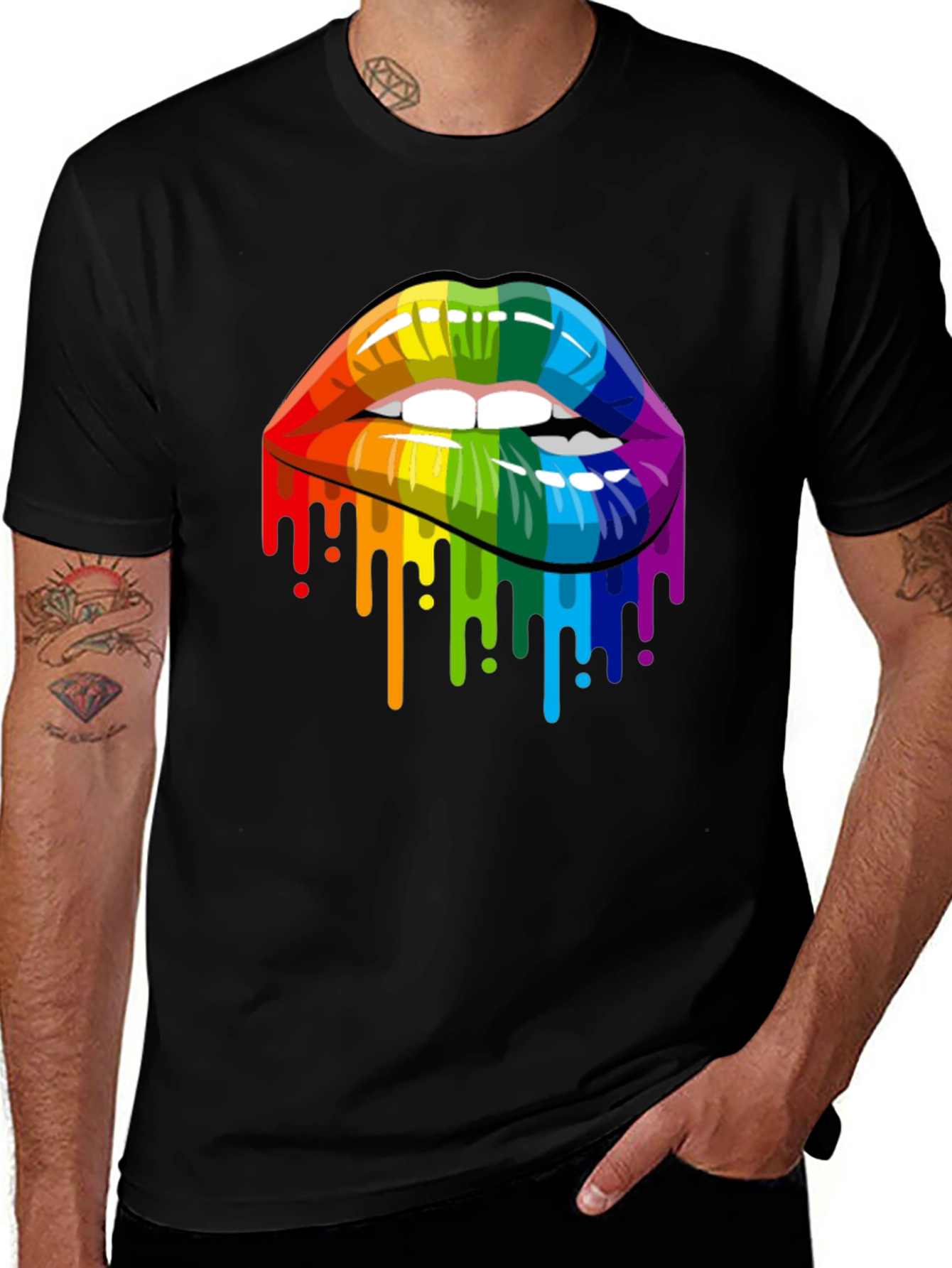 Variant 21 of Rainbow Lips Drip Graphic Tee - Black