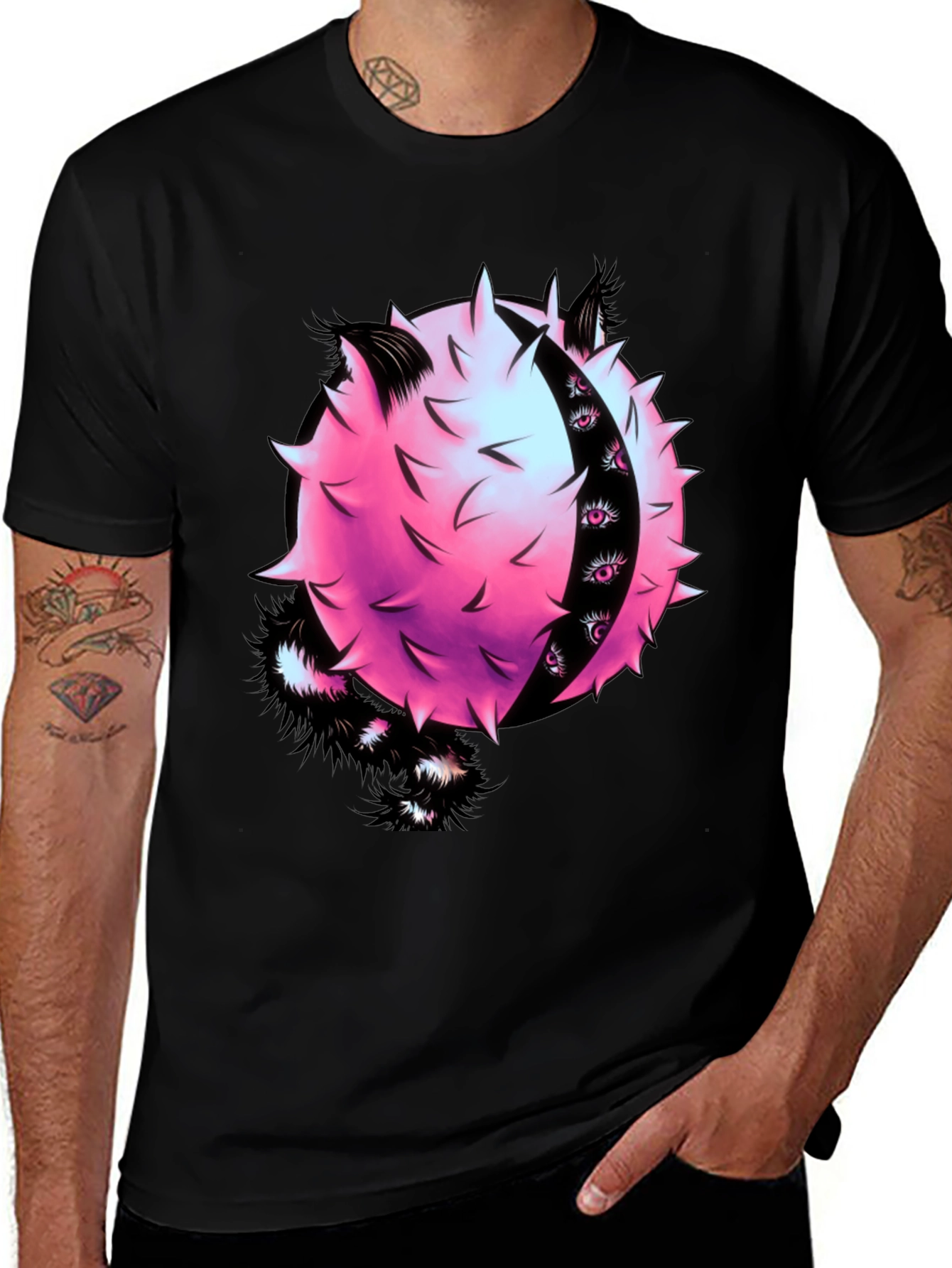 Variant 25 of Edgy Graphic Tee - Spiky Pink Ball with Eyes