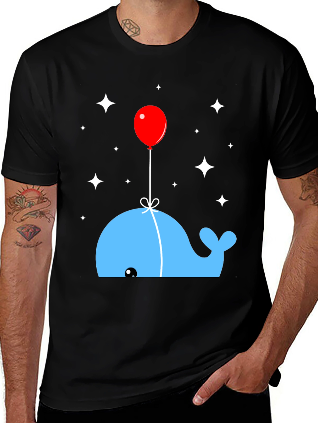Variant 10 of Cartoon Whale and Balloon Black T-Shirt