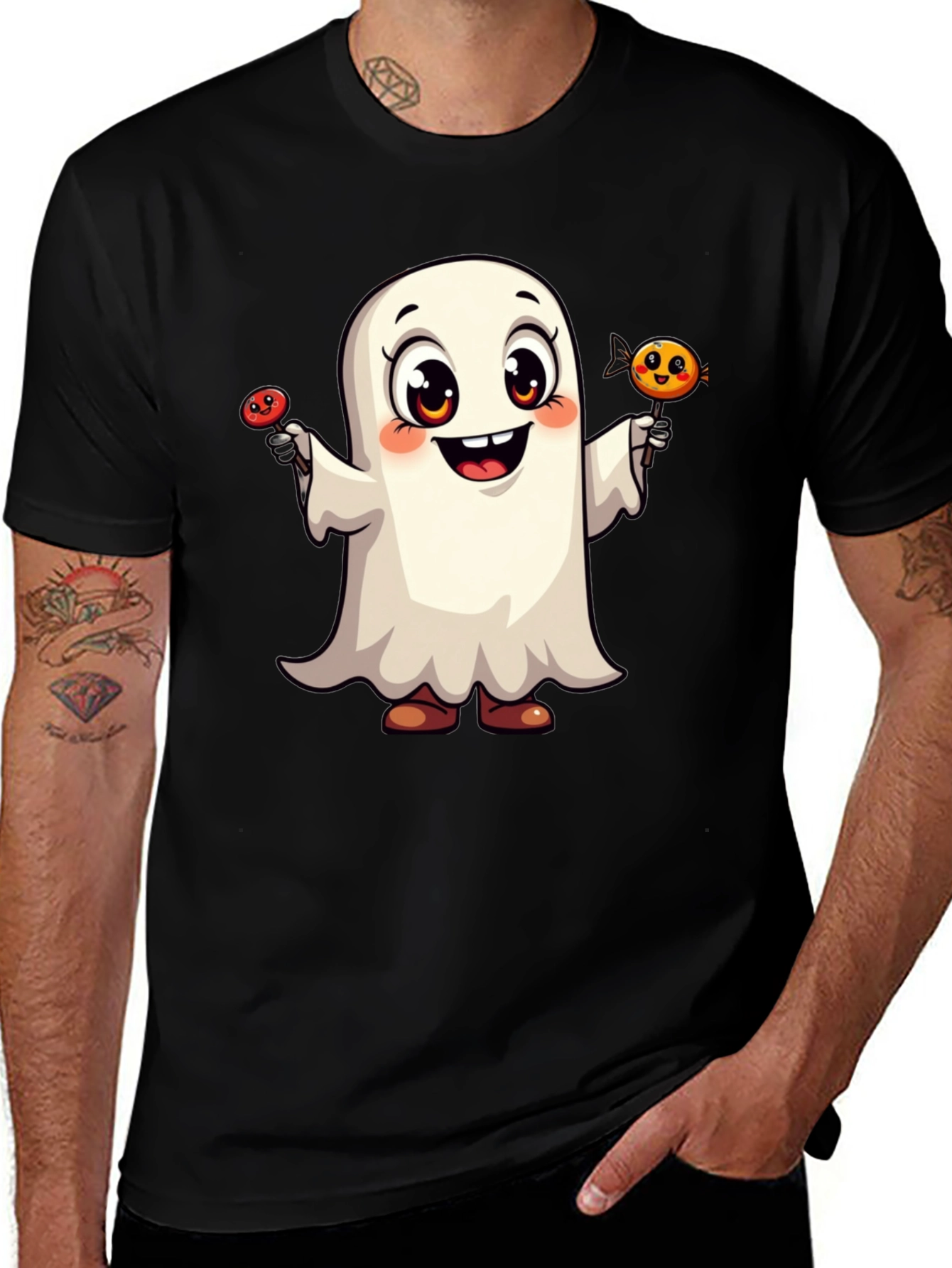 Cute Ghost with Candy Halloween Black T-Shirt