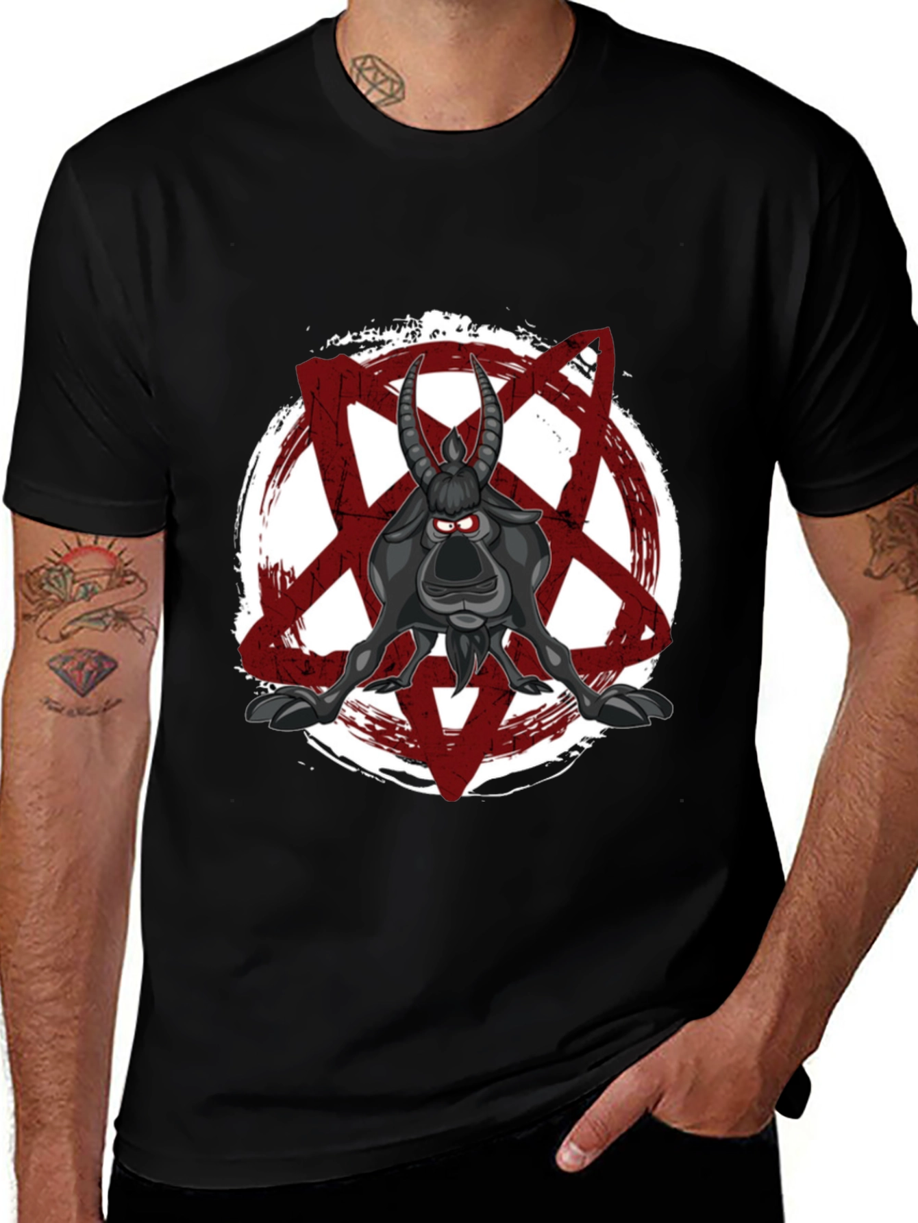 Variant 3 of Cartoon Goat Pentagram T-Shirt - Black Graphic Tee