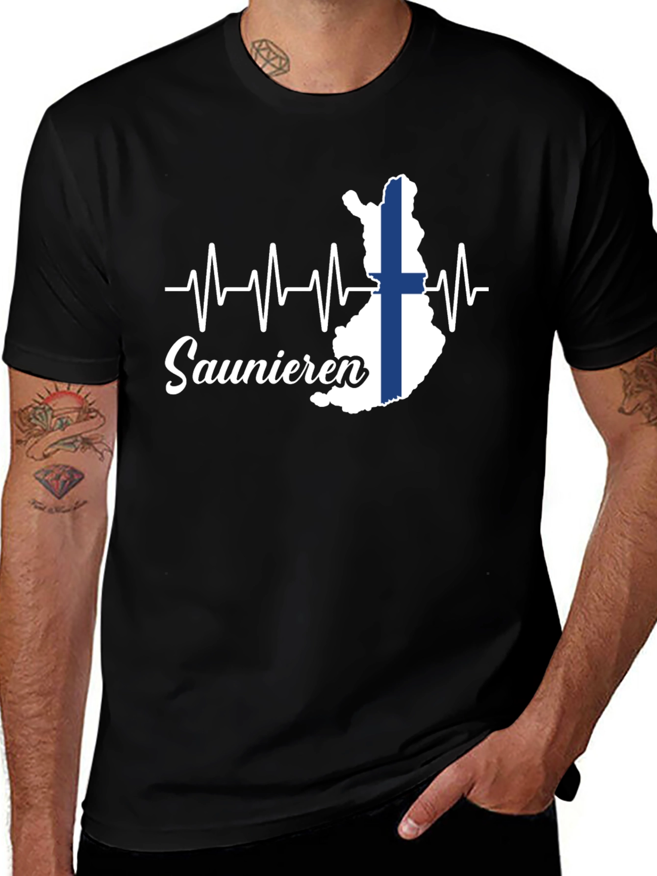 Finnish Sauna Lover T-Shirt - Finland Flag Heartbeat Design