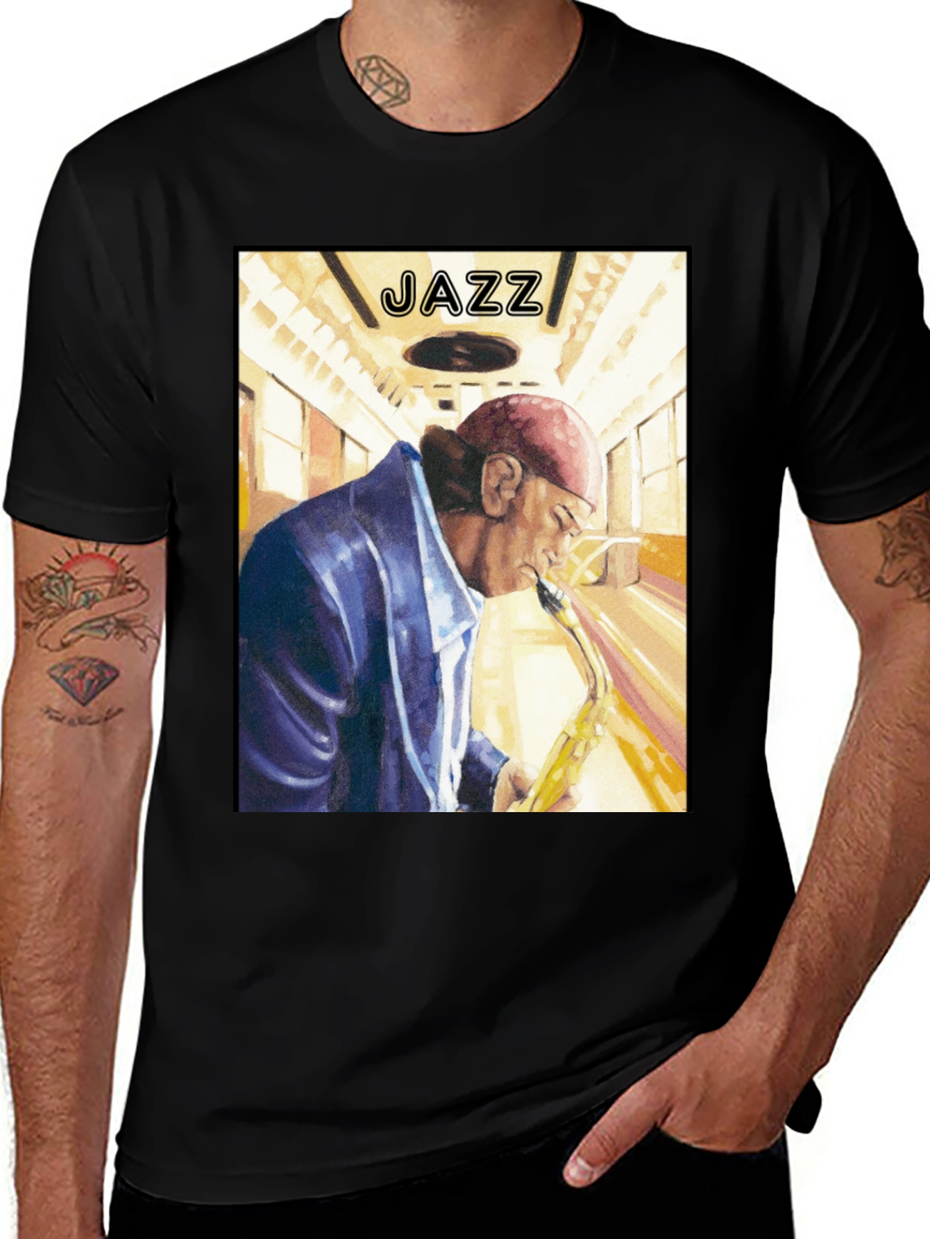 Variant 26 of Jazz Saxophone Player Graphic Black T-Shirt