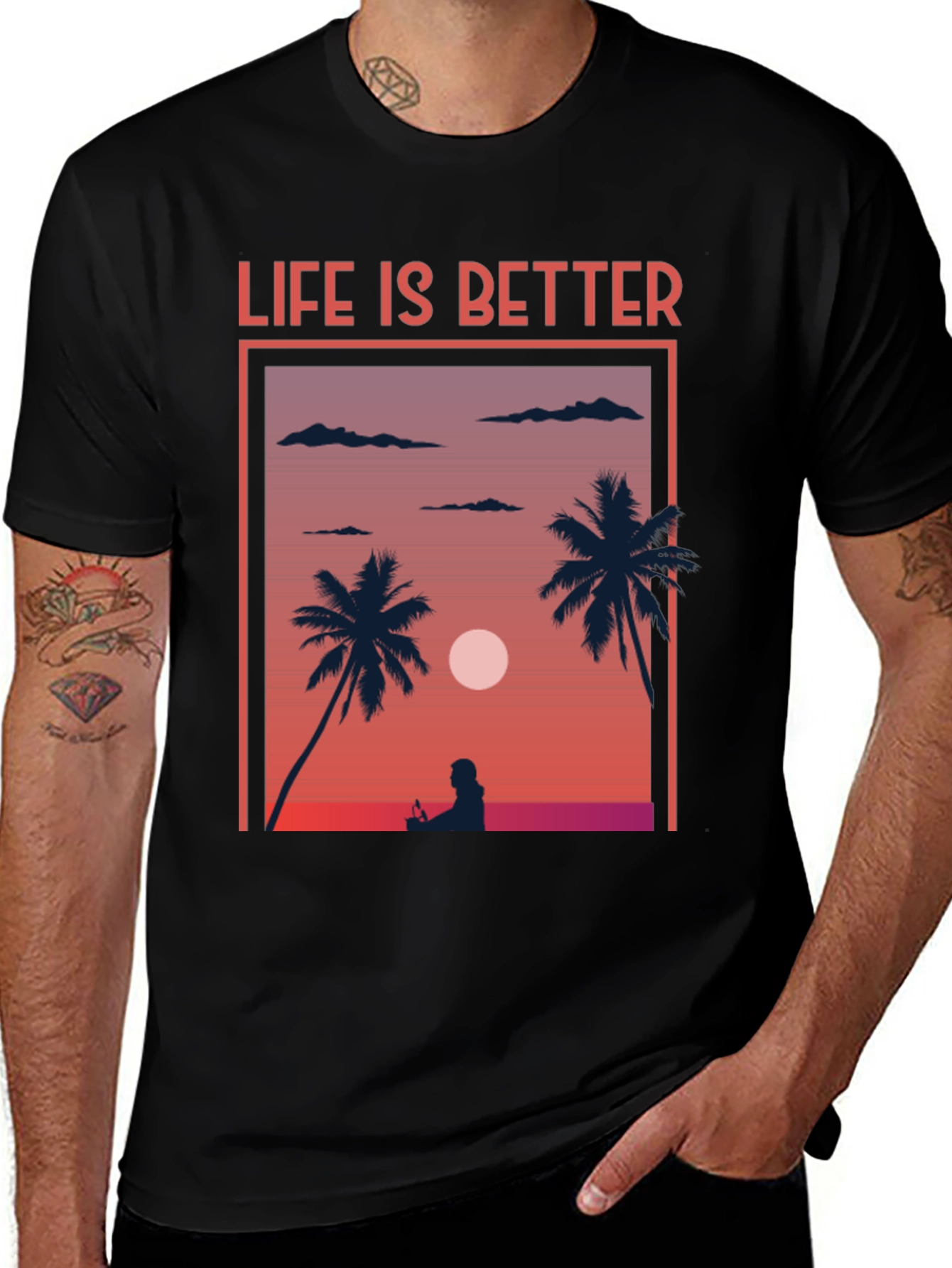 Variant 16 of Life Is Better Graphic Tee - Sunset Palm Tree Design