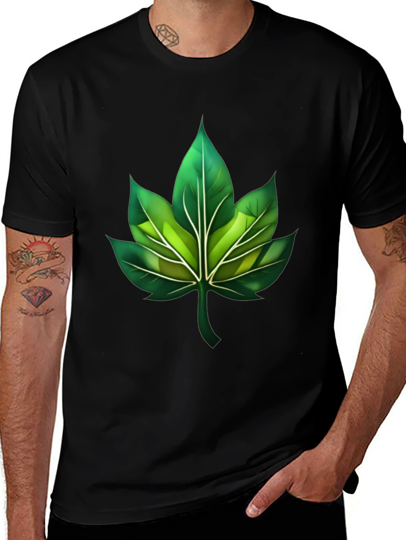 Variant 16 of Green Leaf Graphic Black T-Shirt