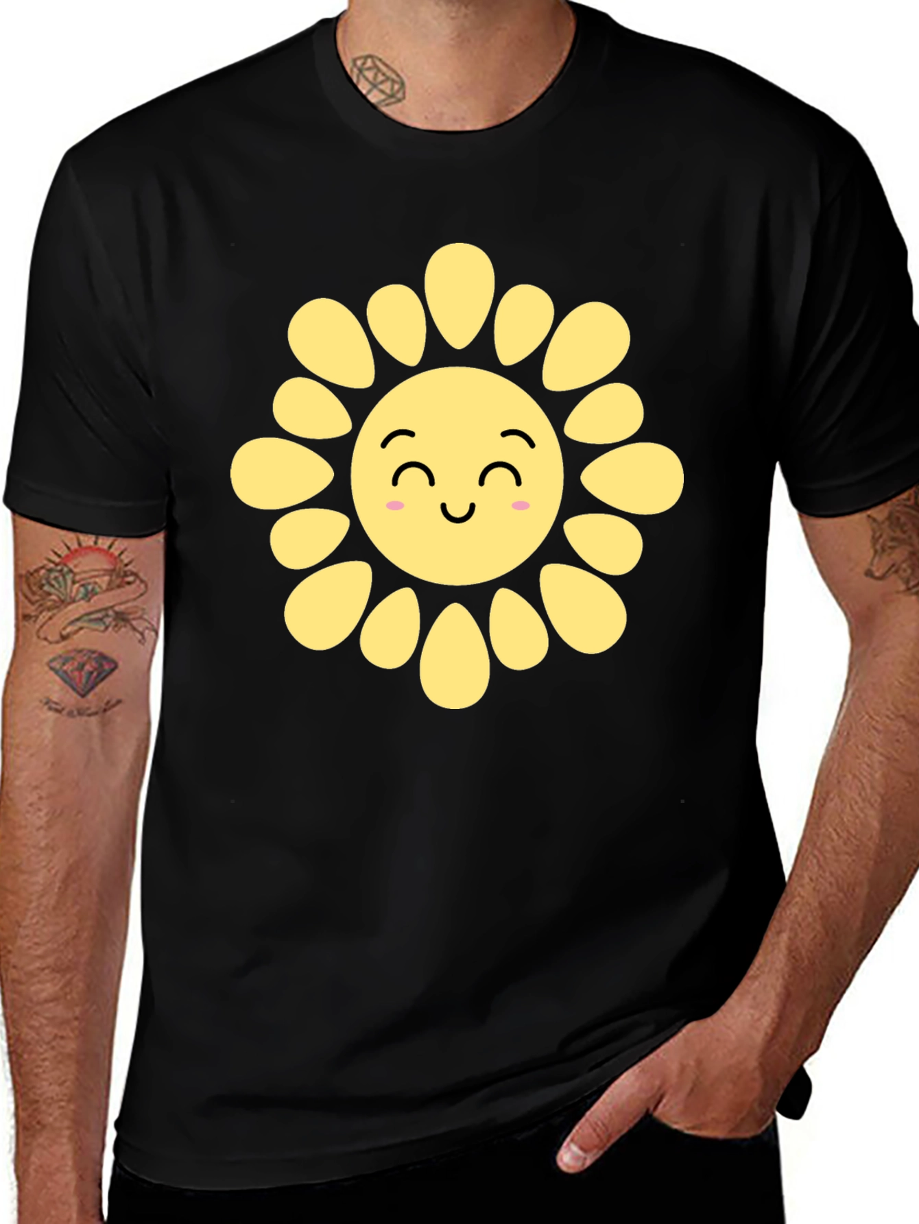 Variant 14 of Smiling Sunflower Graphic Tee - Black Cotton T-Shirt