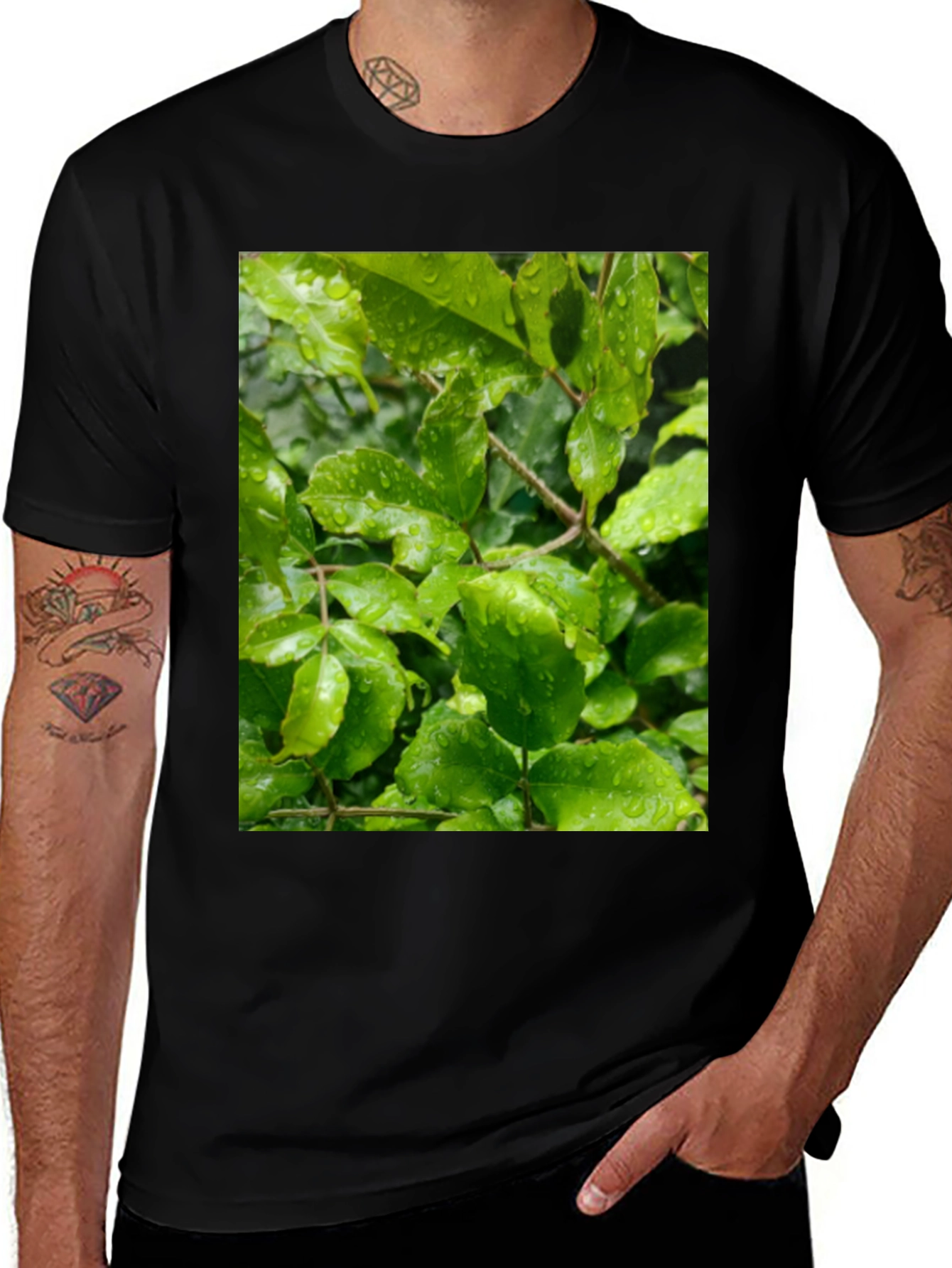 Variant 24 of Nature's Dewdrop Tee - Green Leaf Design
