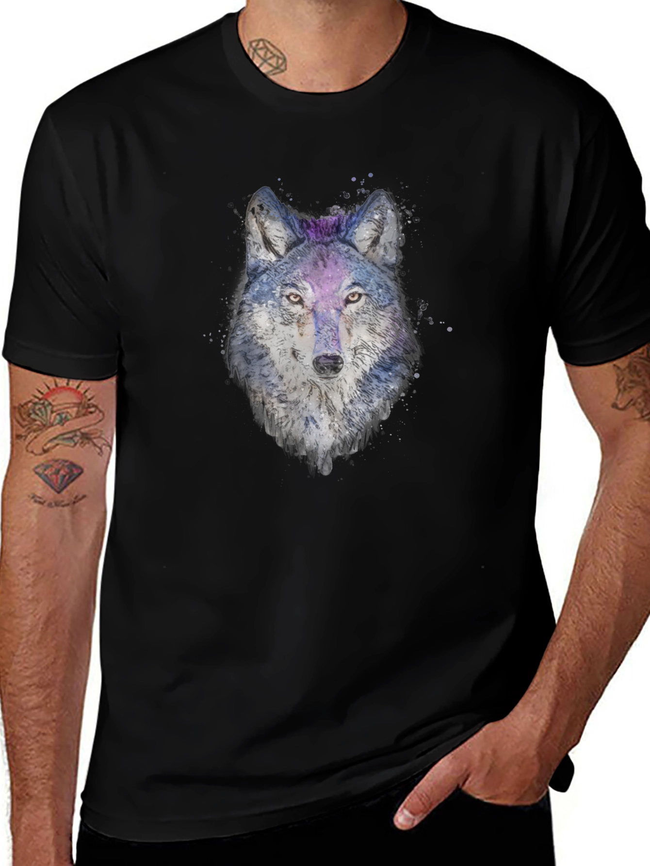 Variant 22 of Watercolor Wolf Head Graphic Black T-Shirt