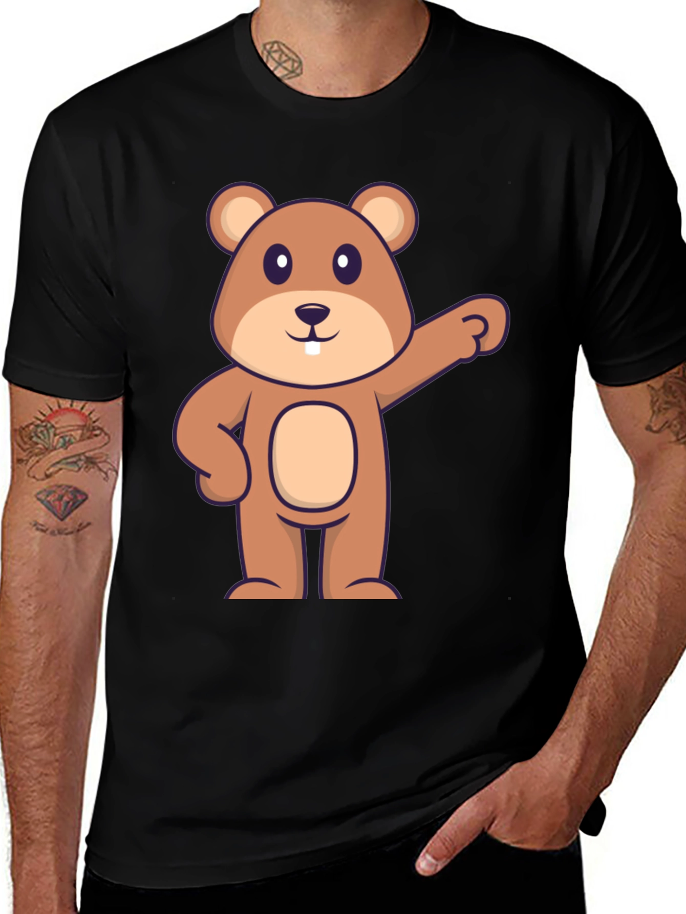 Variant 22 of Cartoon Beaver Graphic Tee - Black Cotton