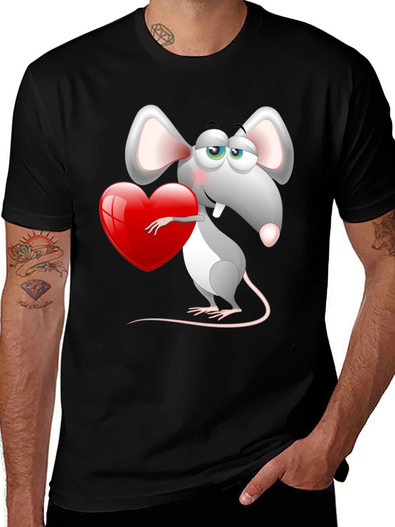 Black Cute Mouse with Heart Graphic Tee - Black main image