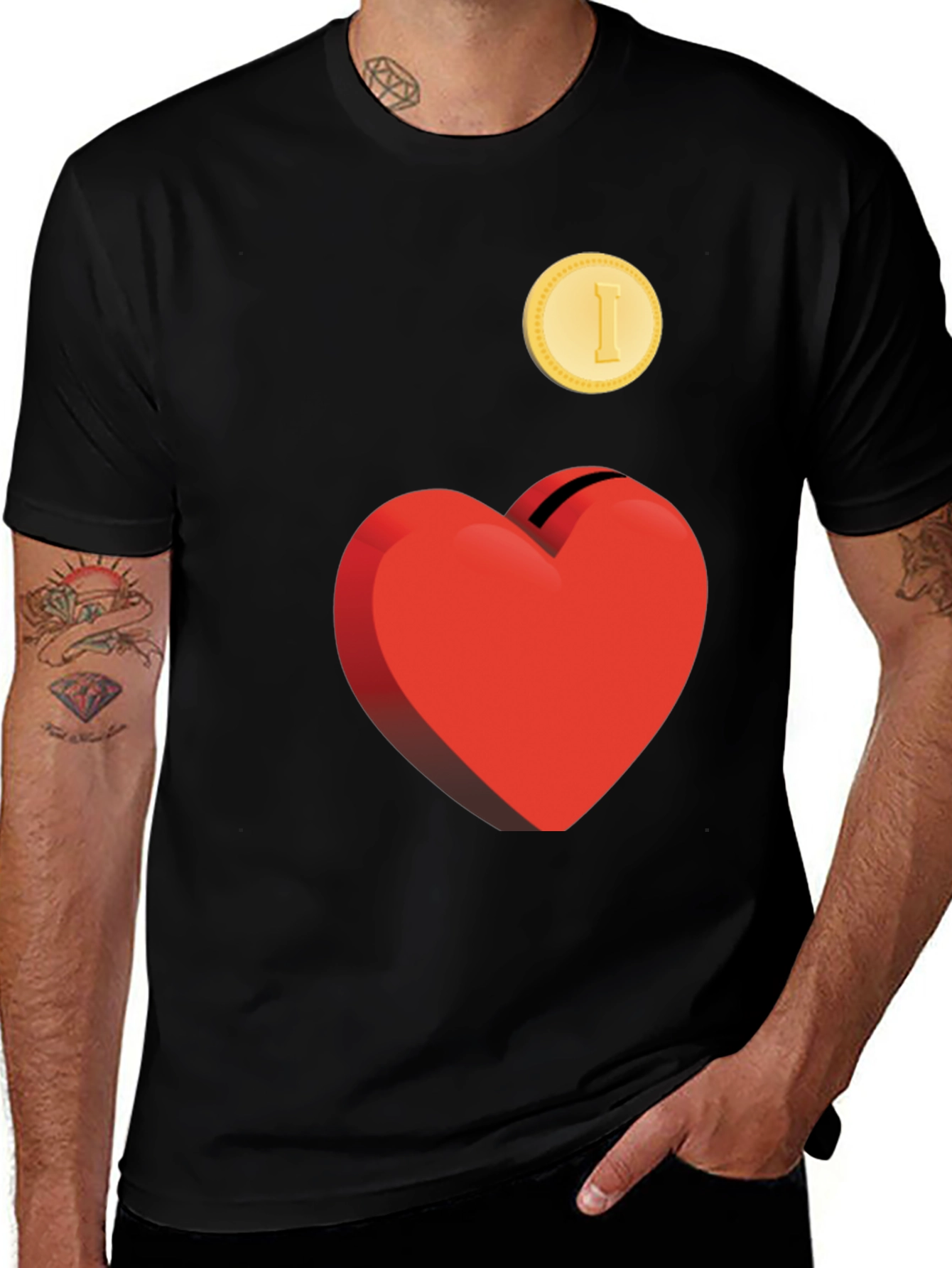 Variant 7 of Heart & Coin Graphic Tee - Unique Design, Black T-Shirt