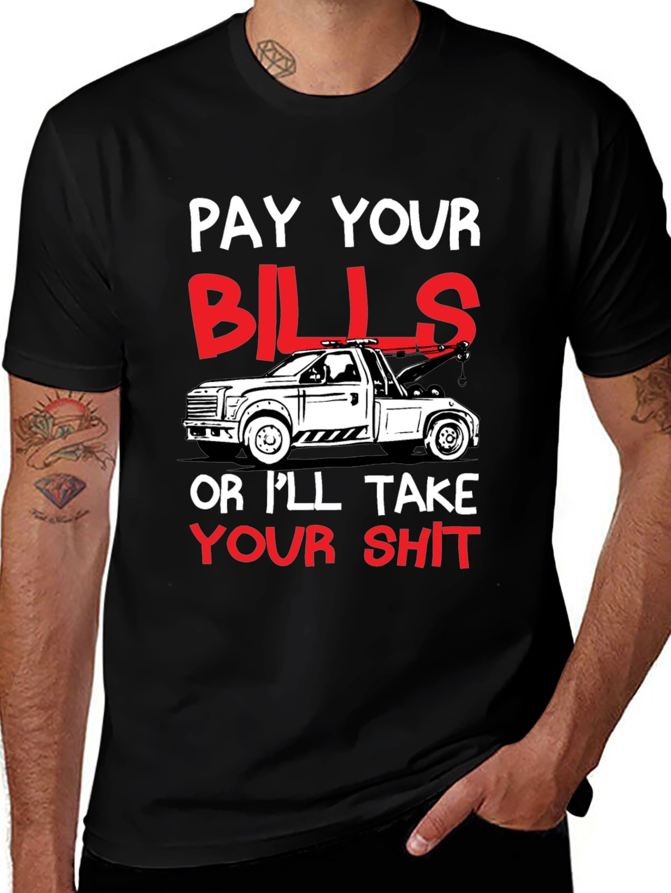 Black Pay Your Bills Tow Truck Graphic Tee main image
