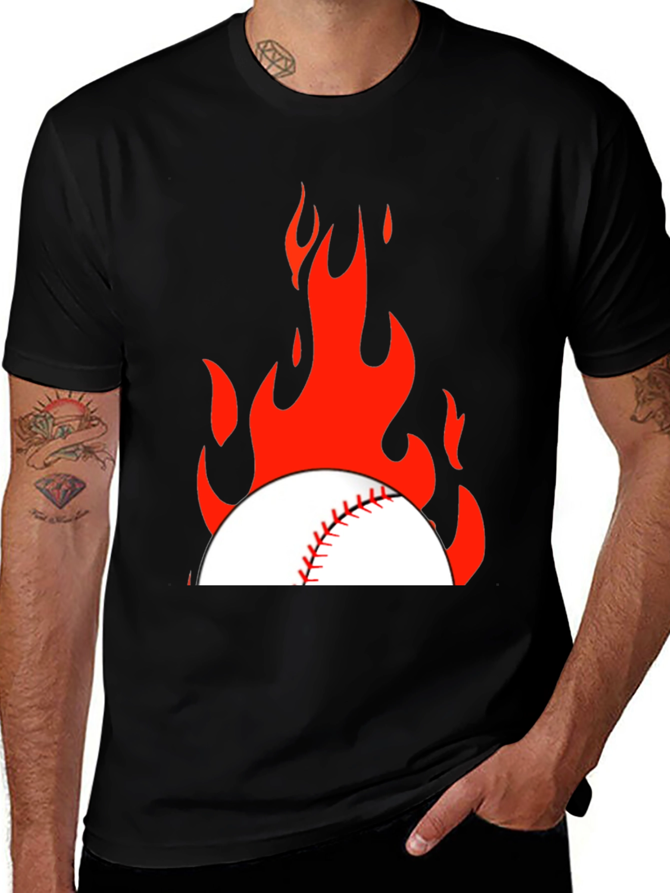 Flaming Baseball Graphic Tee - Black Cotton T-Shirt