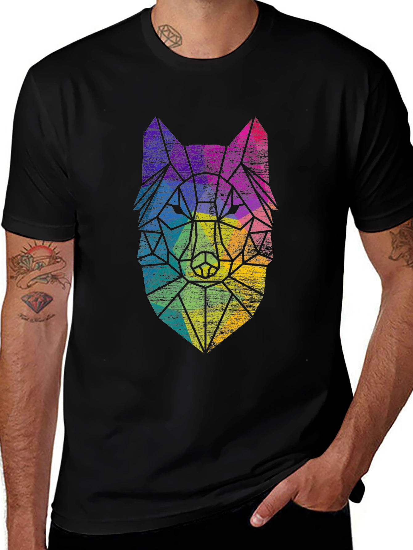 Variant 16 of Geometric Wolf Graphic Tee - Black Cotton Blend