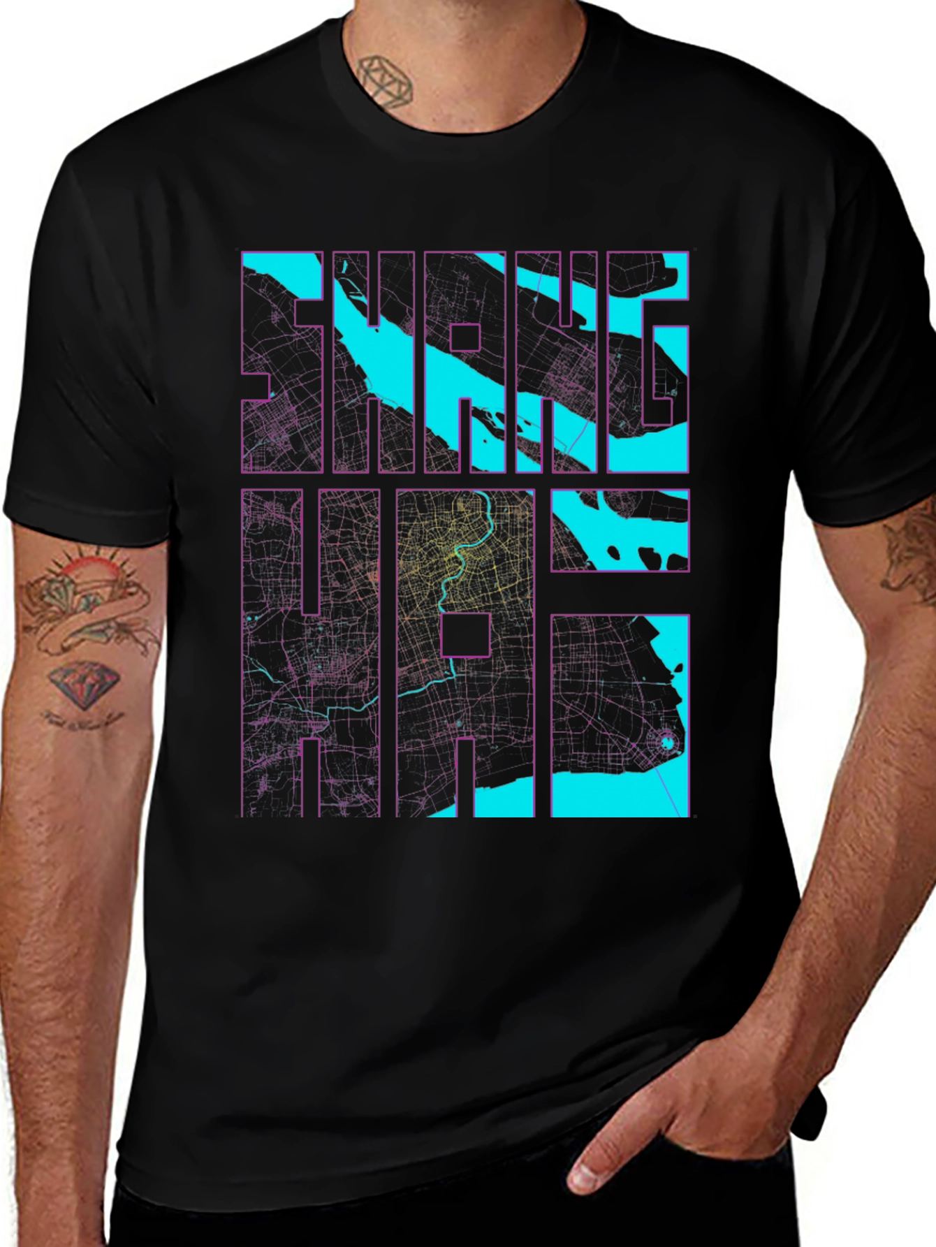 Variant 7 of Unique Black T-Shirt with Abstract City Map Design