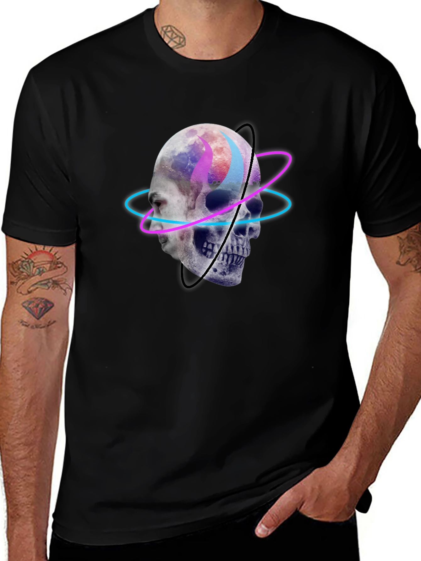 Black Skull Graphic Tee - Neon Orbit Design main image