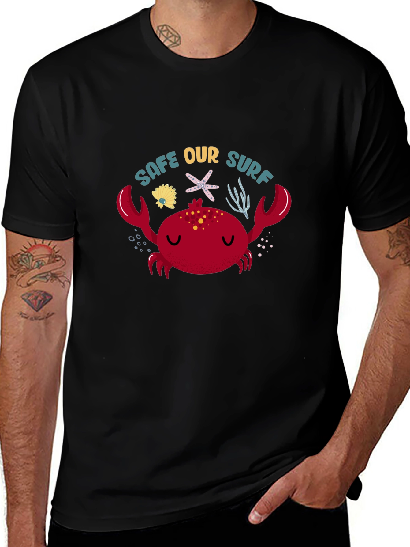 Variant 10 of Save Our Surf Crab Graphic Tee - Black Cotton T-Shirt
