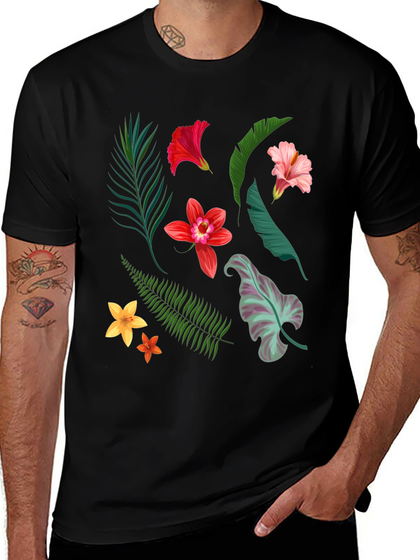 Variant 29 of Tropical Floral Print Black T-Shirt