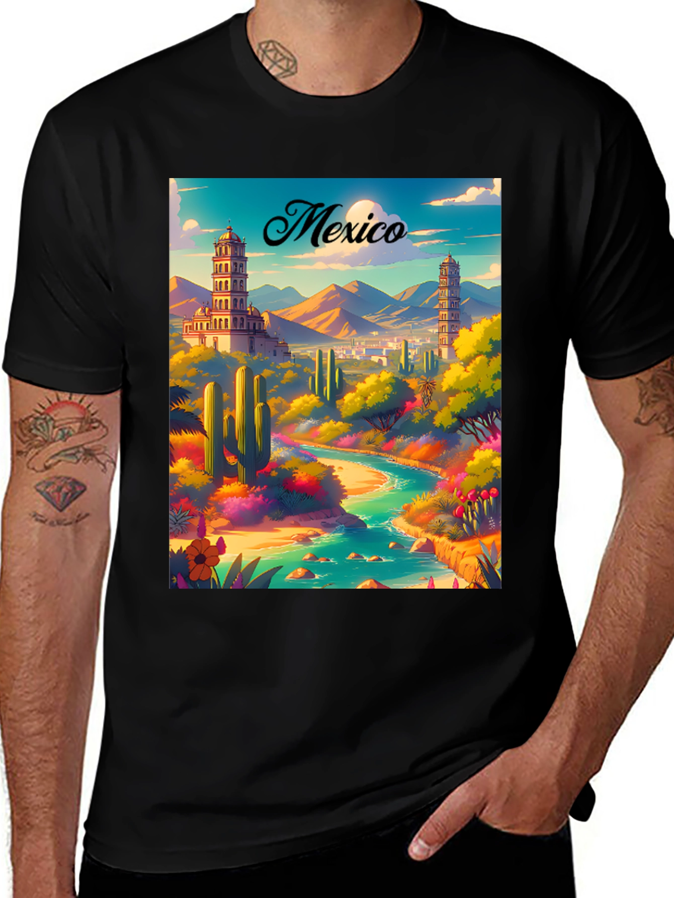 Mexico Landscape Graphic Tee - Black Short Sleeve Shirt