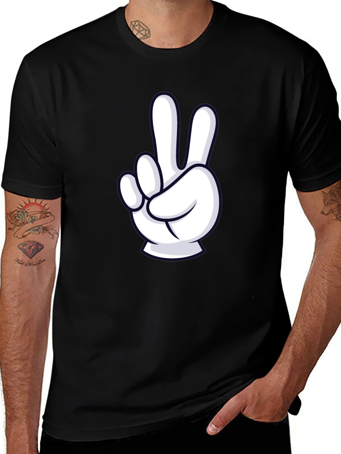 Peace Sign Cartoon Hand Black T-Shirt