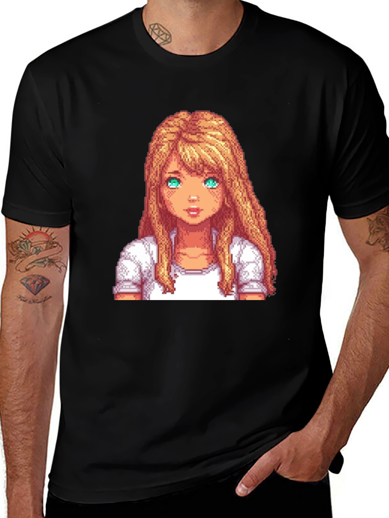 Variant 16 of Pixel Art Girl Graphic Tee - Black Cotton T-Shirt