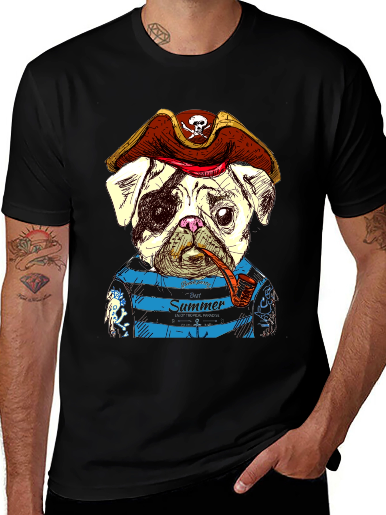 Variant 4 of Pirate Pug Summer T-Shirt - Unique Graphic Tee