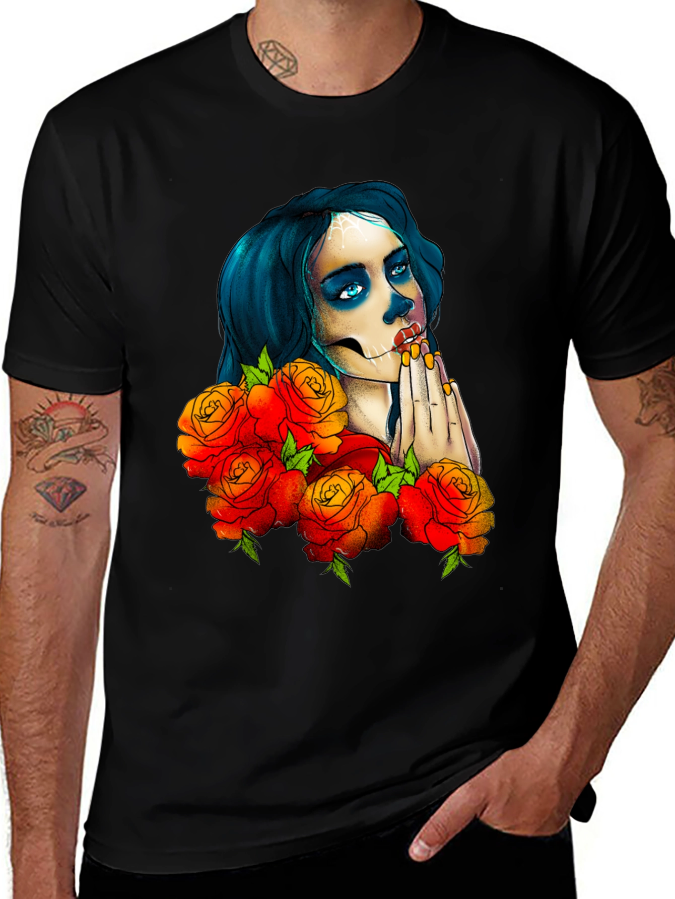 Variant 21 of Sugar Skull Woman Roses Graphic Black T-Shirt