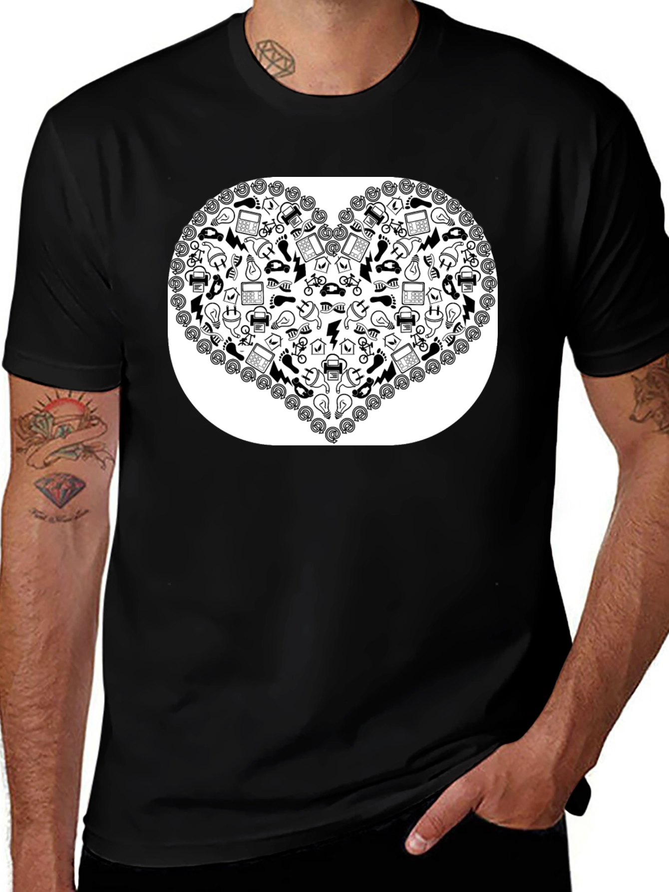 Heart Icon Pattern Black T-Shirt
