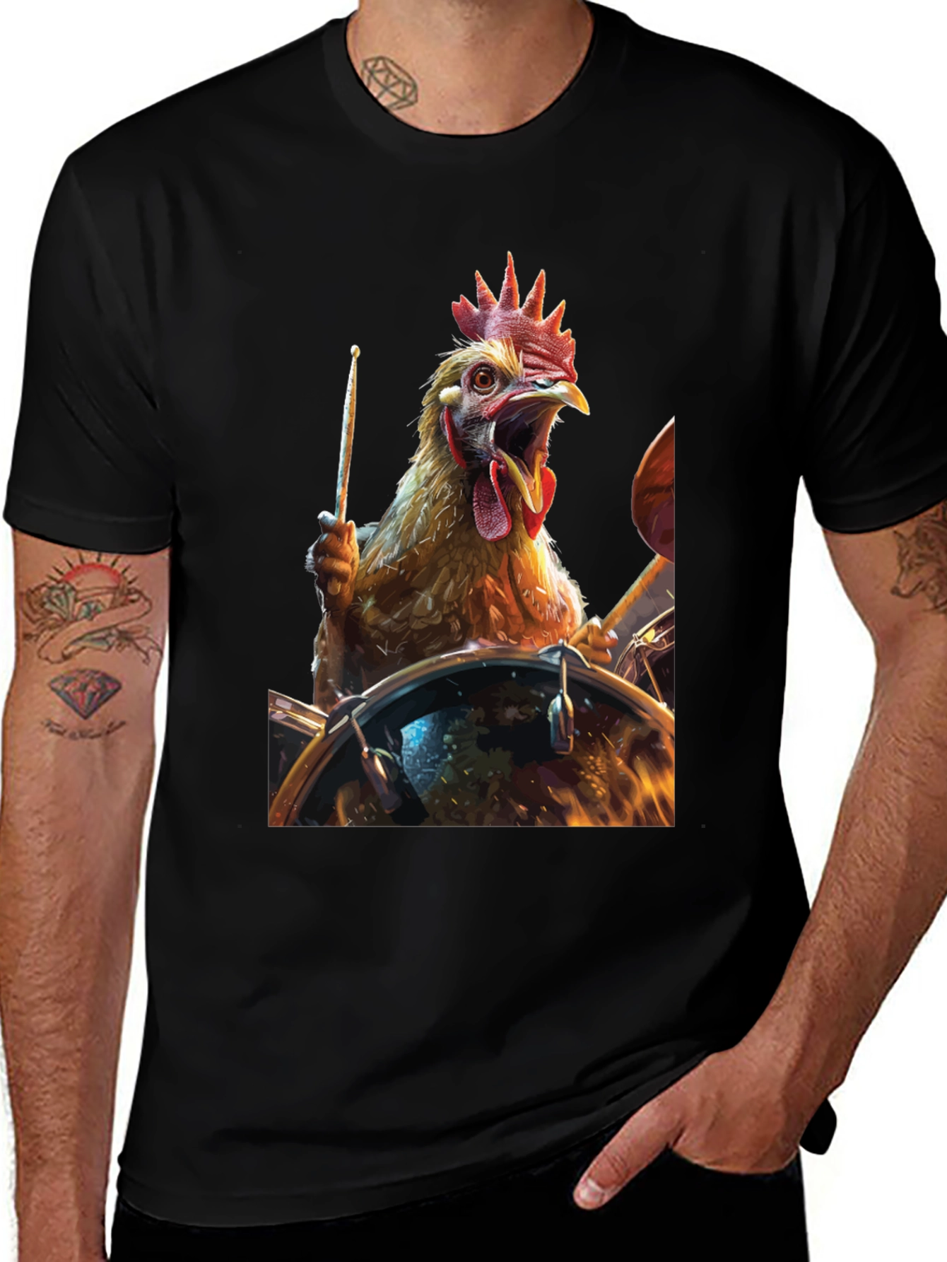 Variant 8 of Drummer Chicken T-Shirt - Black Cotton Tee