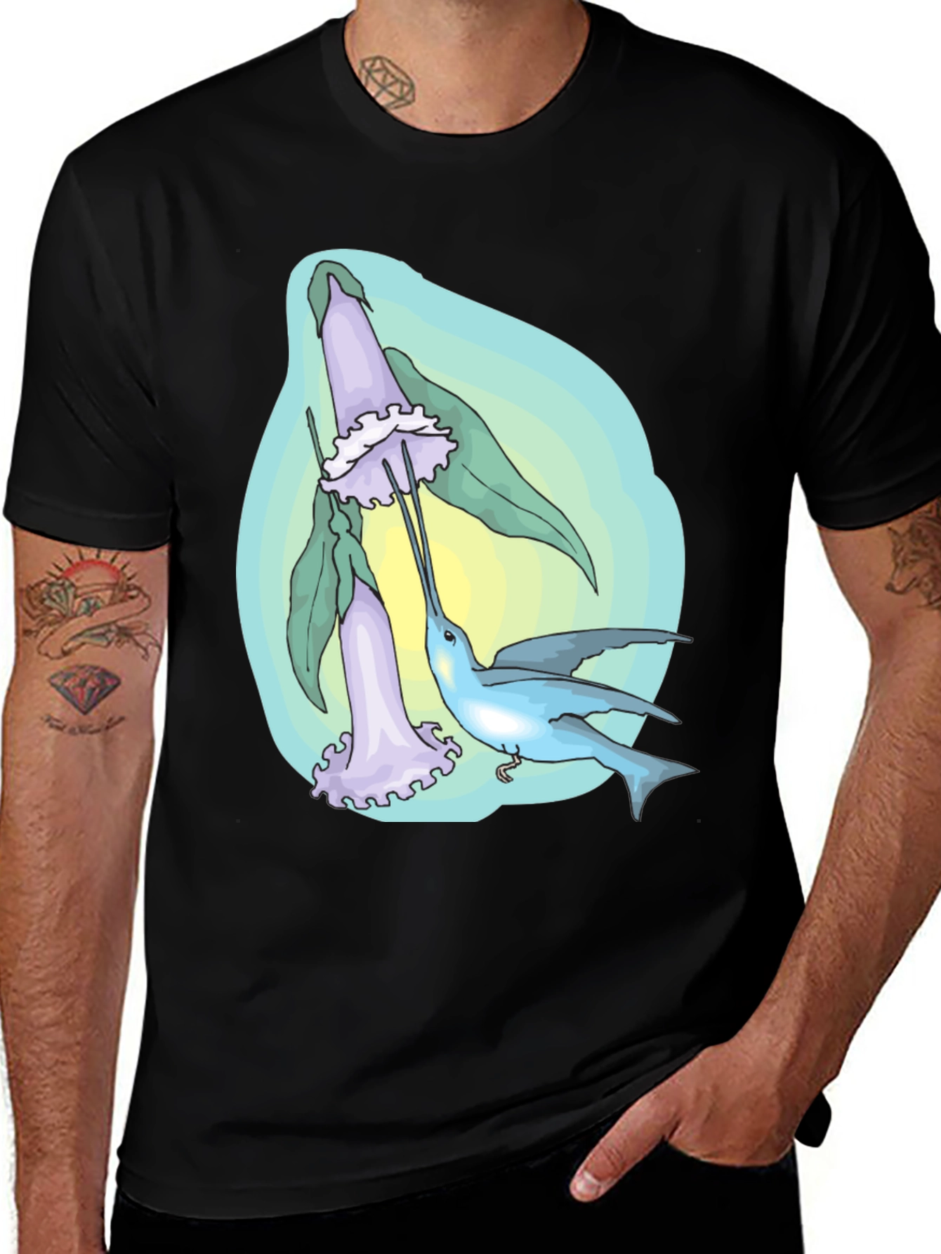 Variant 8 of Hummingbird & Flower Graphic Black T-Shirt