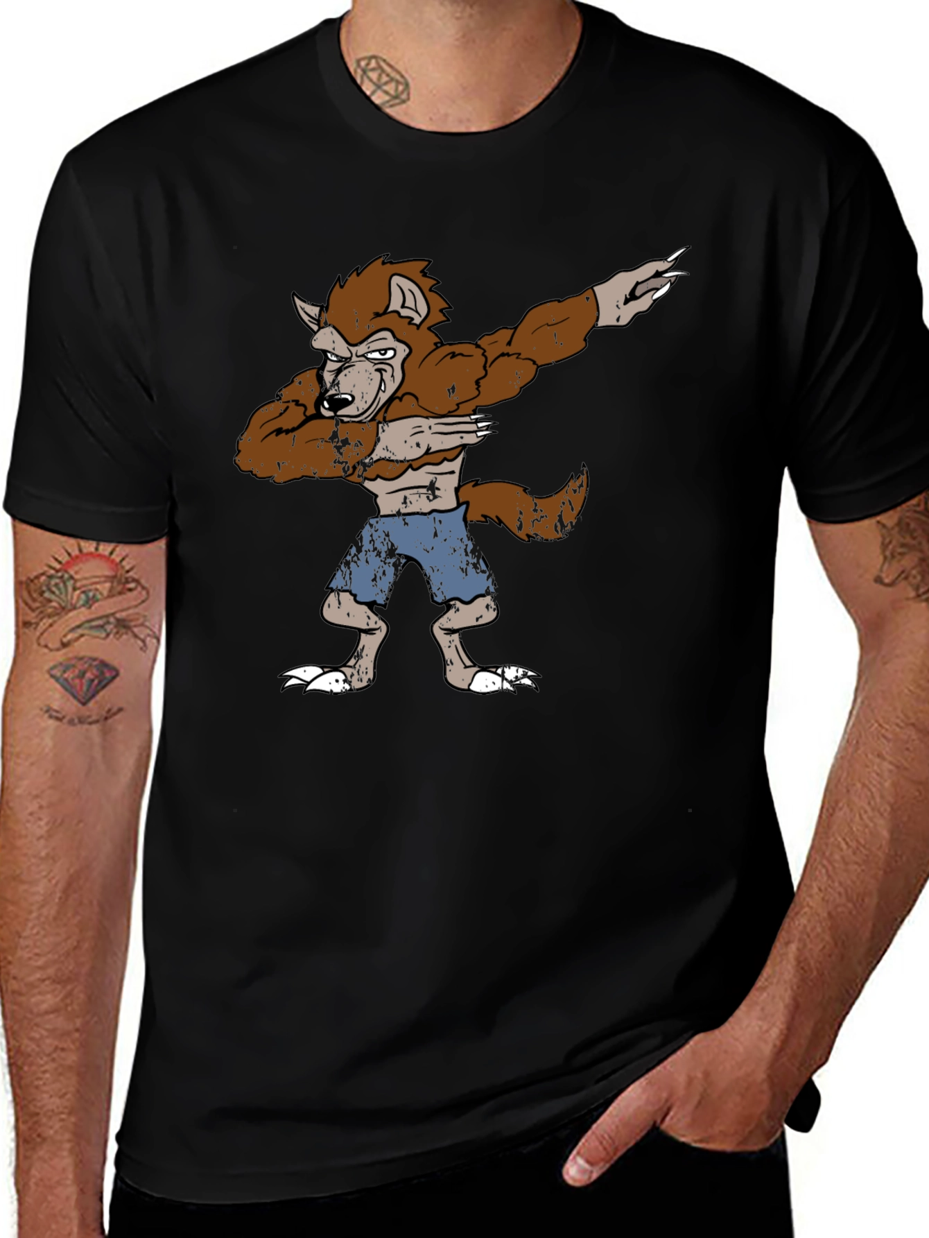 Variant 24 of Dabbing Werewolf Graphic Tee - Black Cotton Shirt