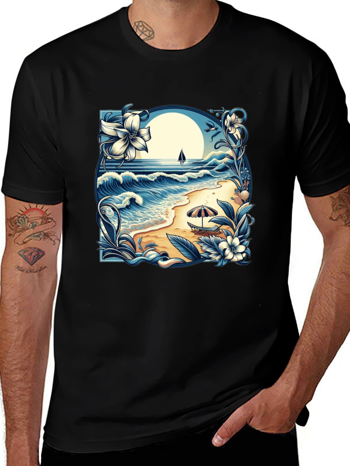 Variant 10 of Beach Scene Graphic Tee - Black Cotton T-Shirt