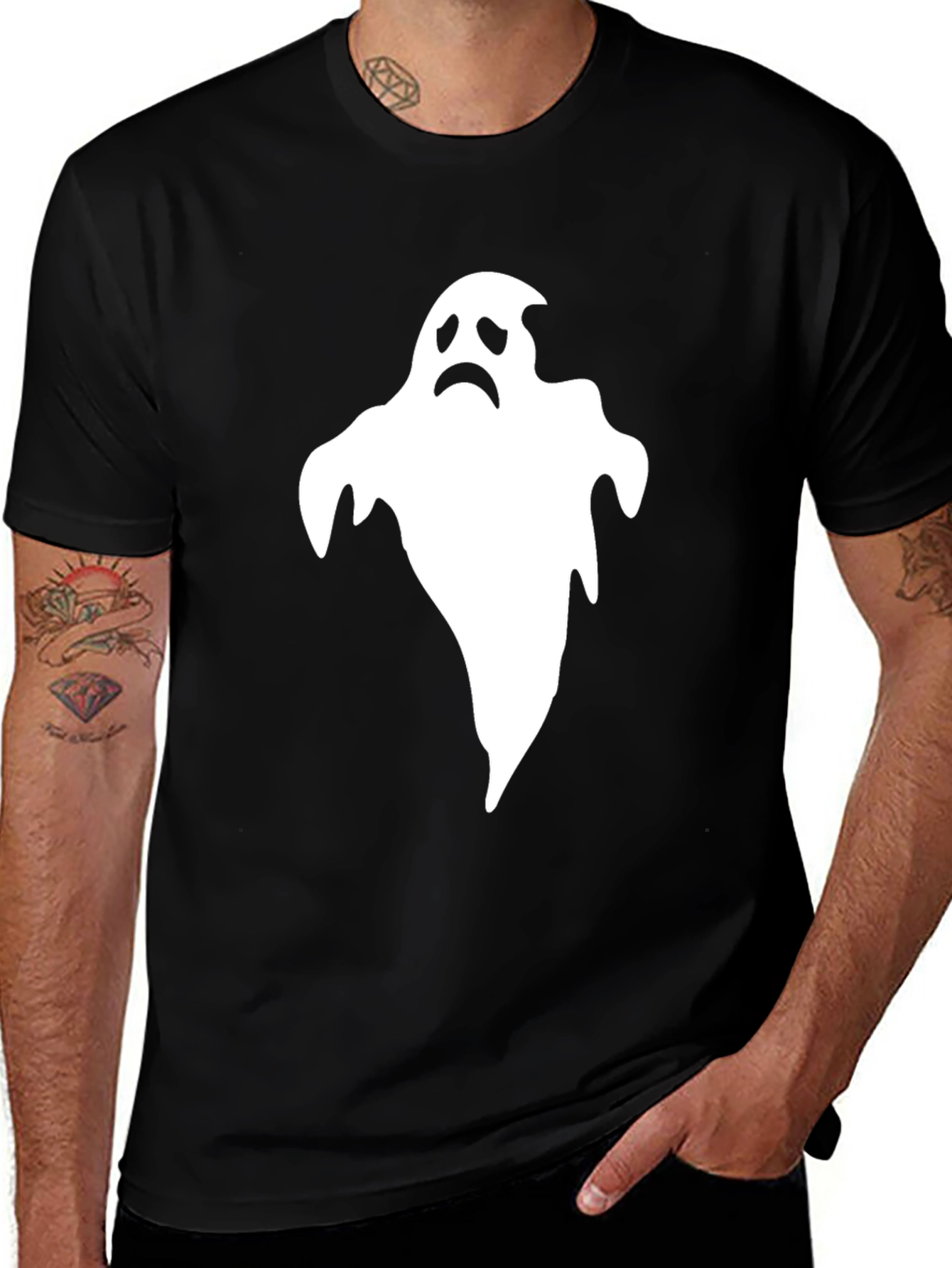 Variant 13 of Sad Ghost Graphic T-Shirt - Black Halloween Tee